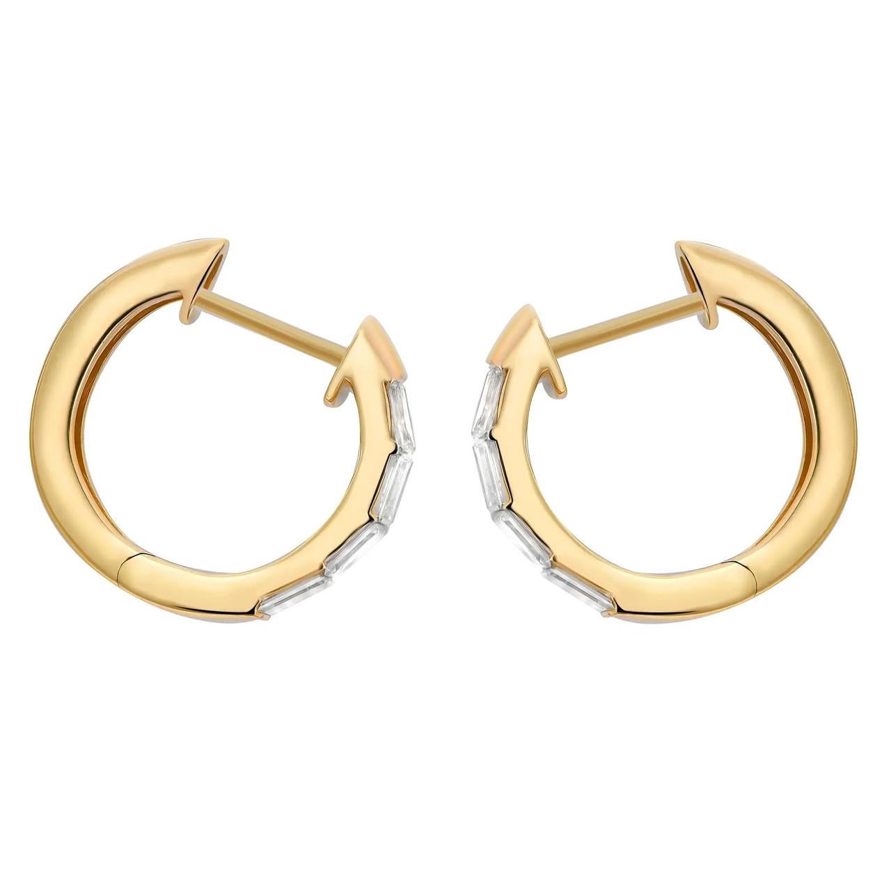 Modern 0.68 Carat Baguette Diamond Huggie Earrings 18K Yellow Gold For Sale