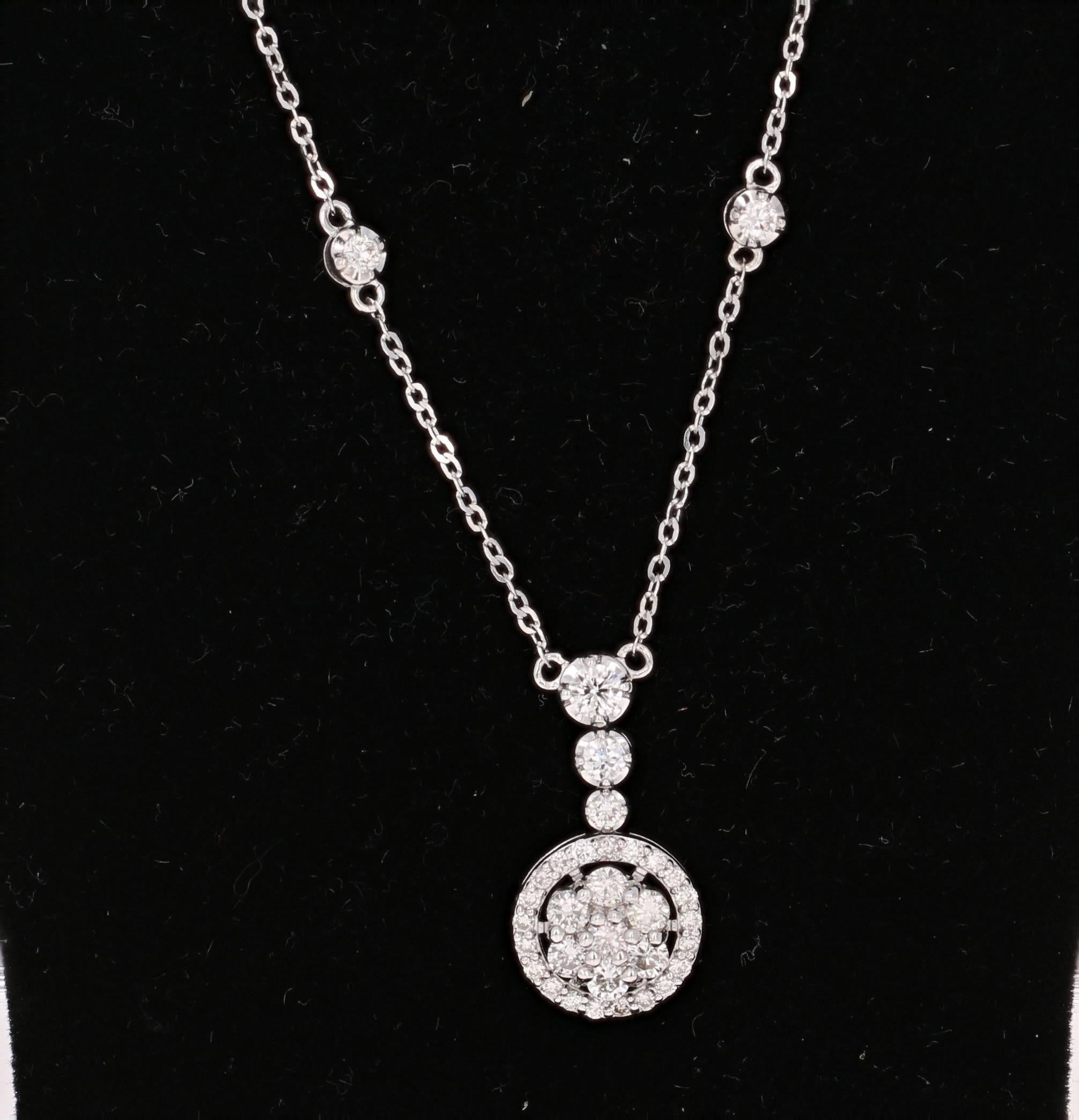 This cute and dainty necklace is so versatile that it can elevate the look of any ensemble and would be a great addition to your accessory collection.  It has 37 Round Cut Diamonds that weigh 0.68 carats.  The Clarity of the diamonds is a VS2 and