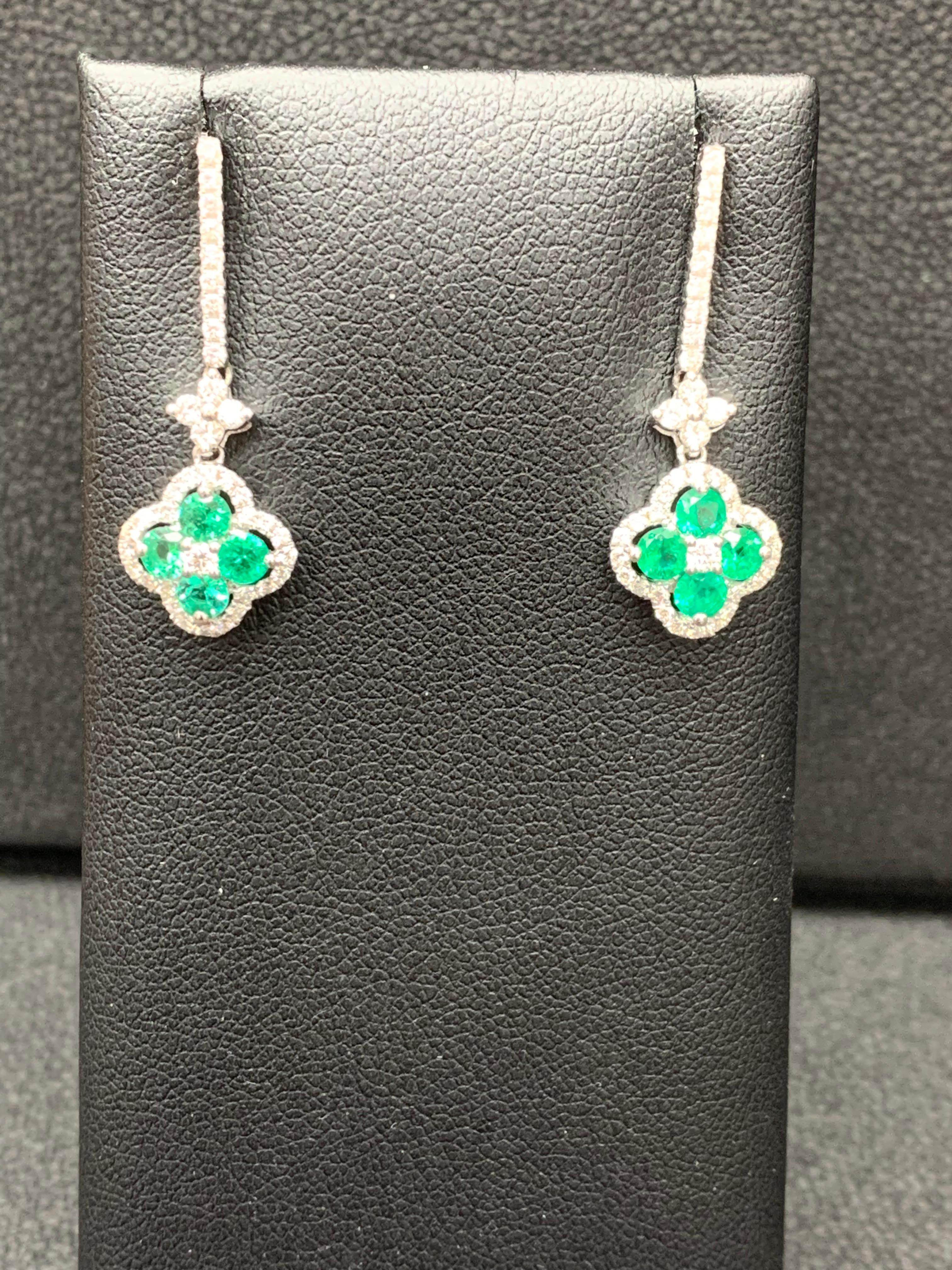 Brilliant Cut 0.68 Carat Emerald and Diamond Drop Earring in 18K White Gold For Sale