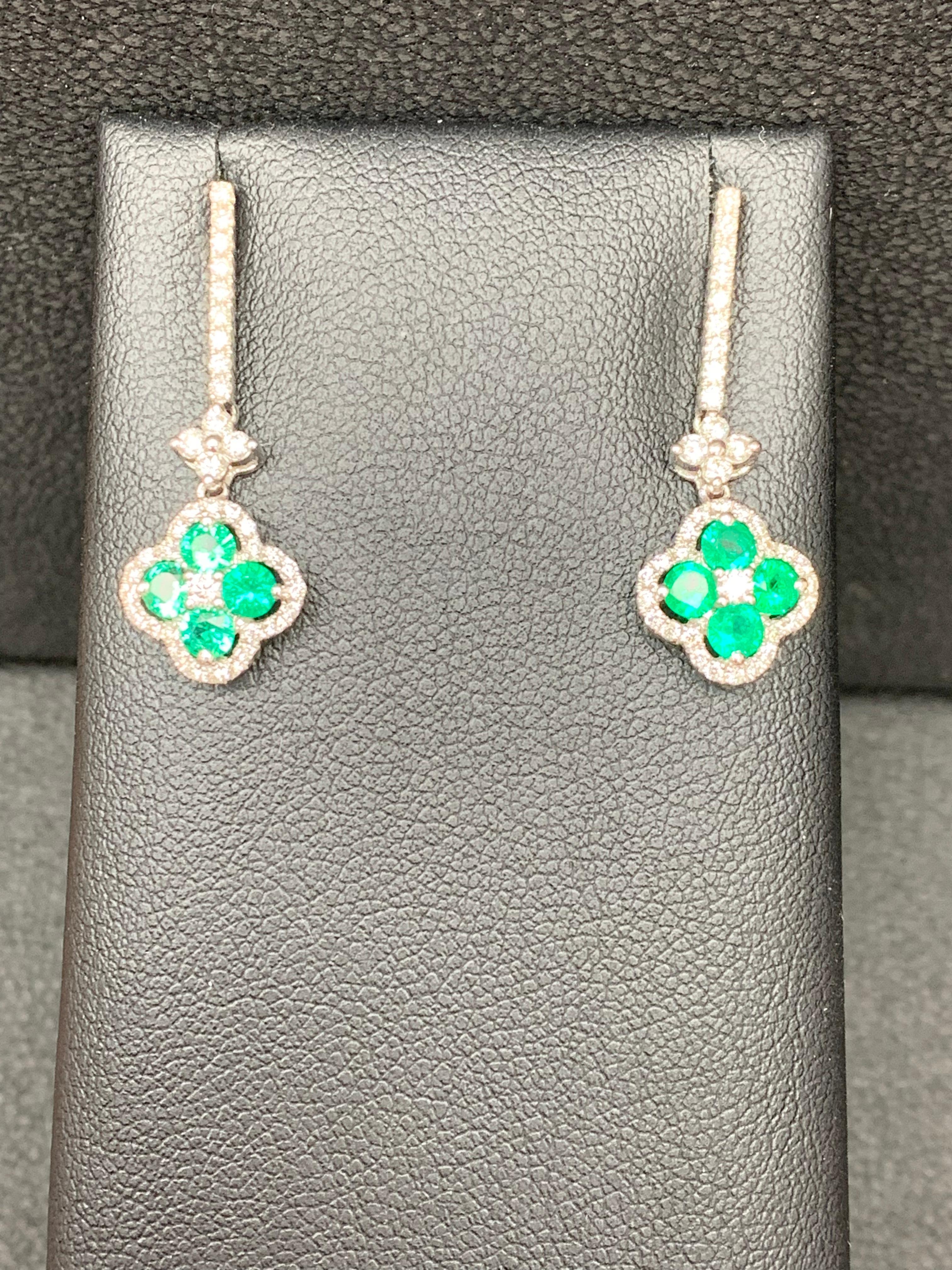 Women's 0.68 Carat Emerald and Diamond Drop Earring in 18K White Gold For Sale