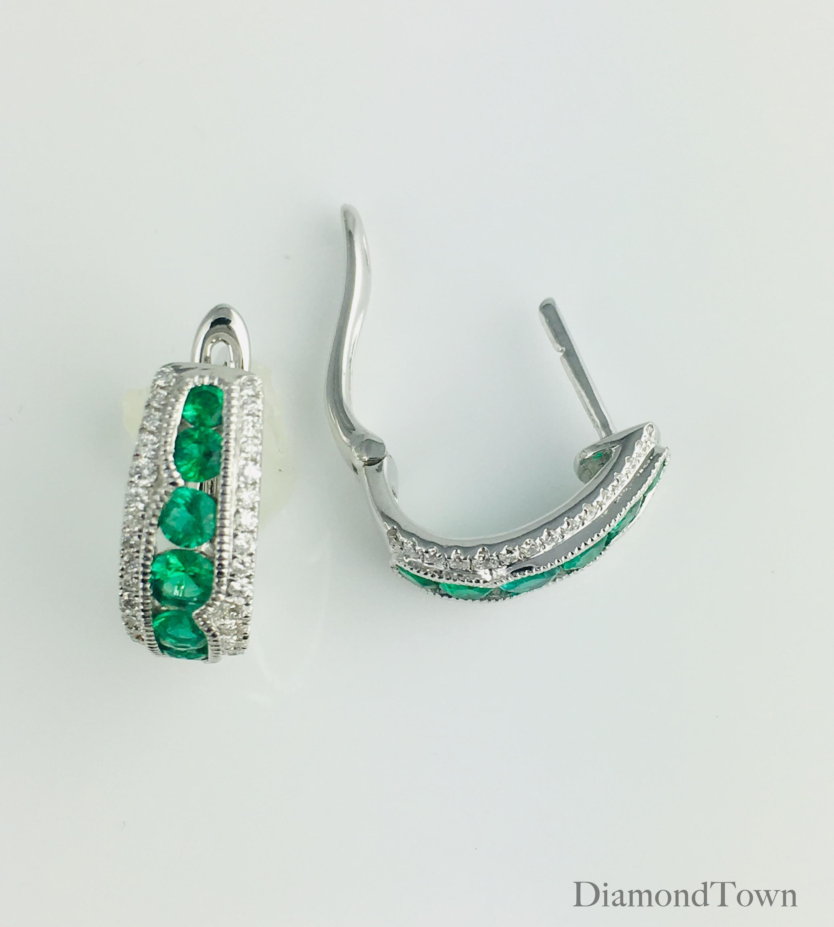 Contemporary DiamondTown 0.68 Carat Fine Emerald and Diamond Hoop Stud Earrings
