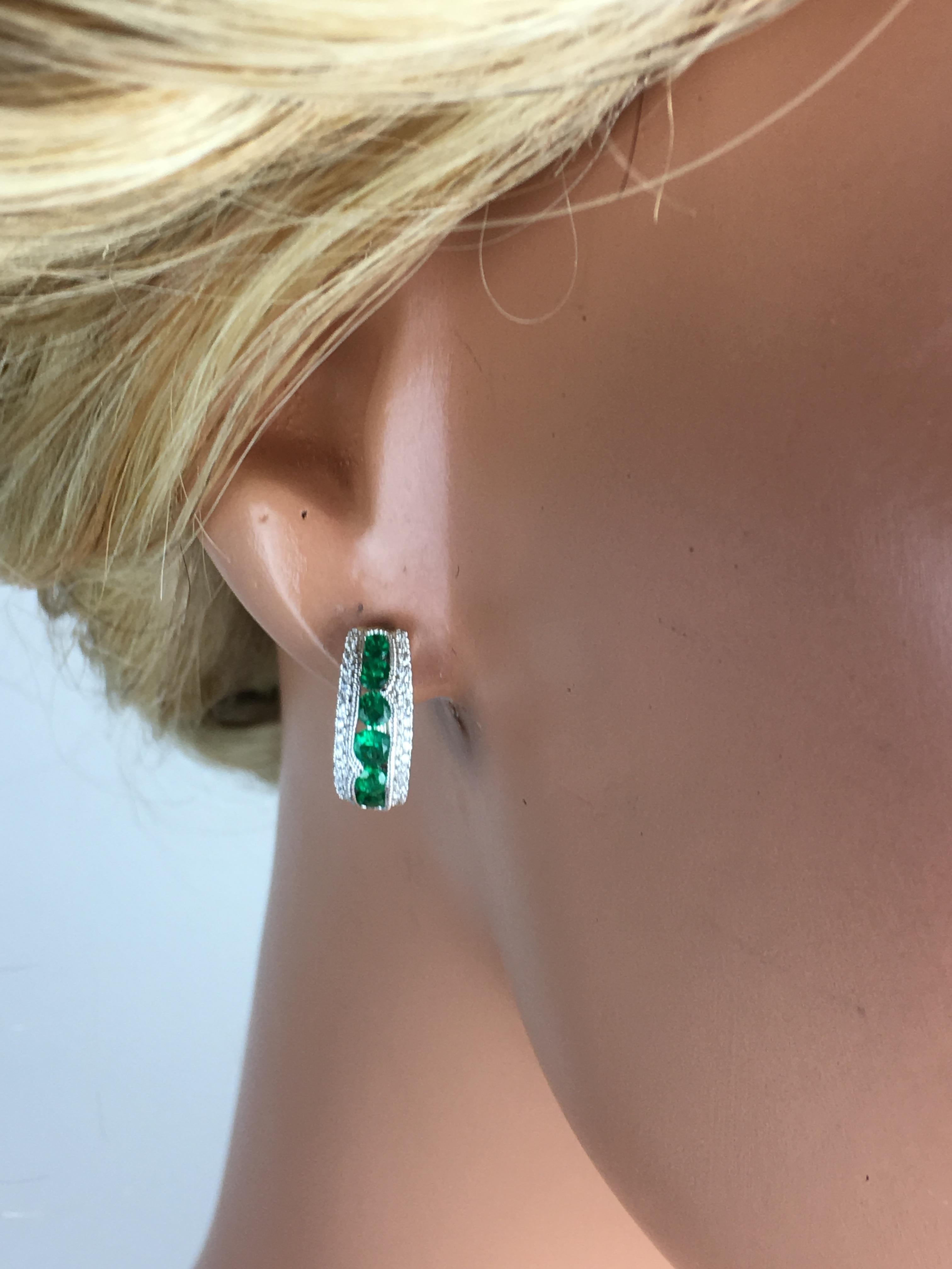 Round Cut DiamondTown 0.68 Carat Fine Emerald and Diamond Hoop Stud Earrings