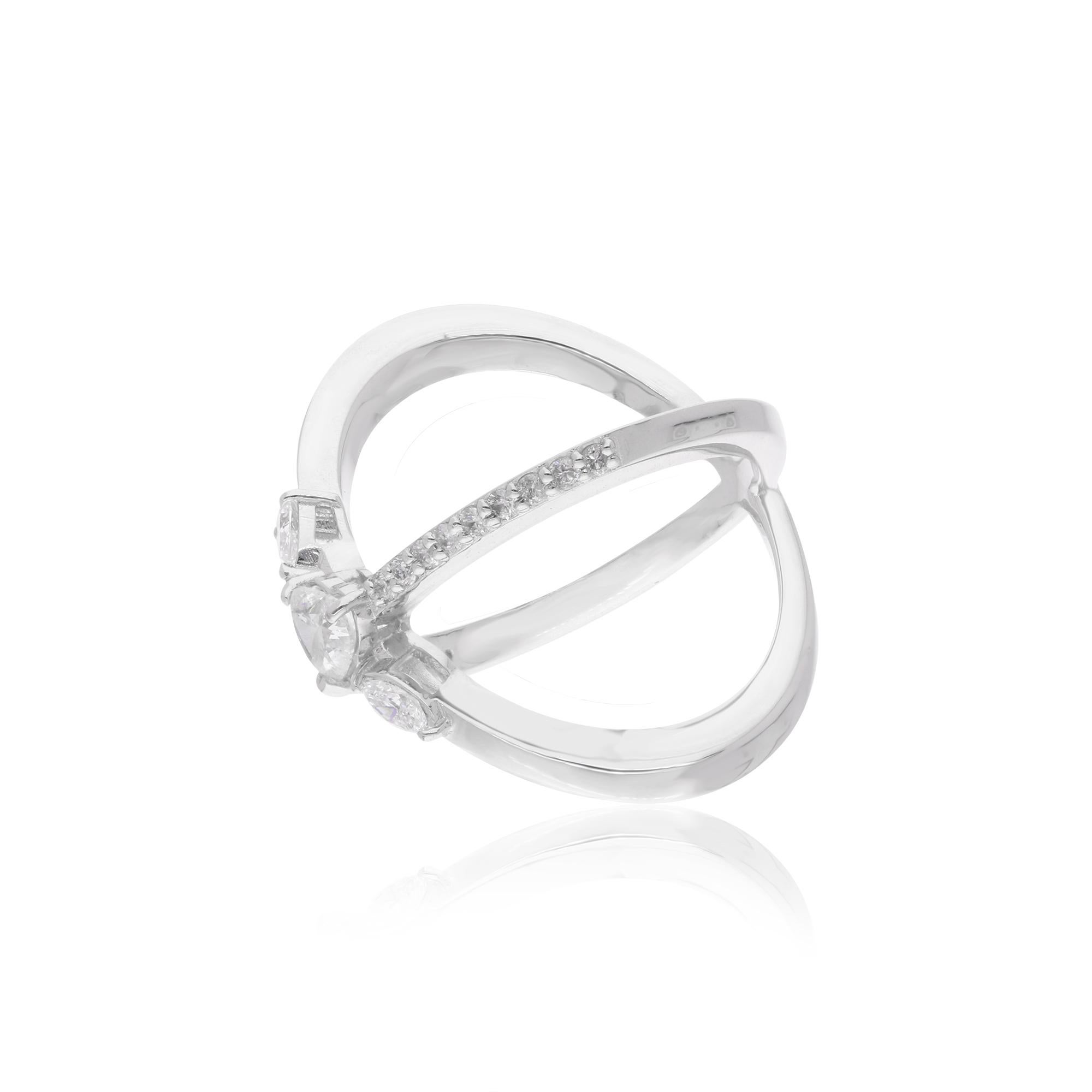Modern 0.68 Carat Heart Diamond Criss Cross Ring 14 Karat White Gold Handmade Jewelry For Sale