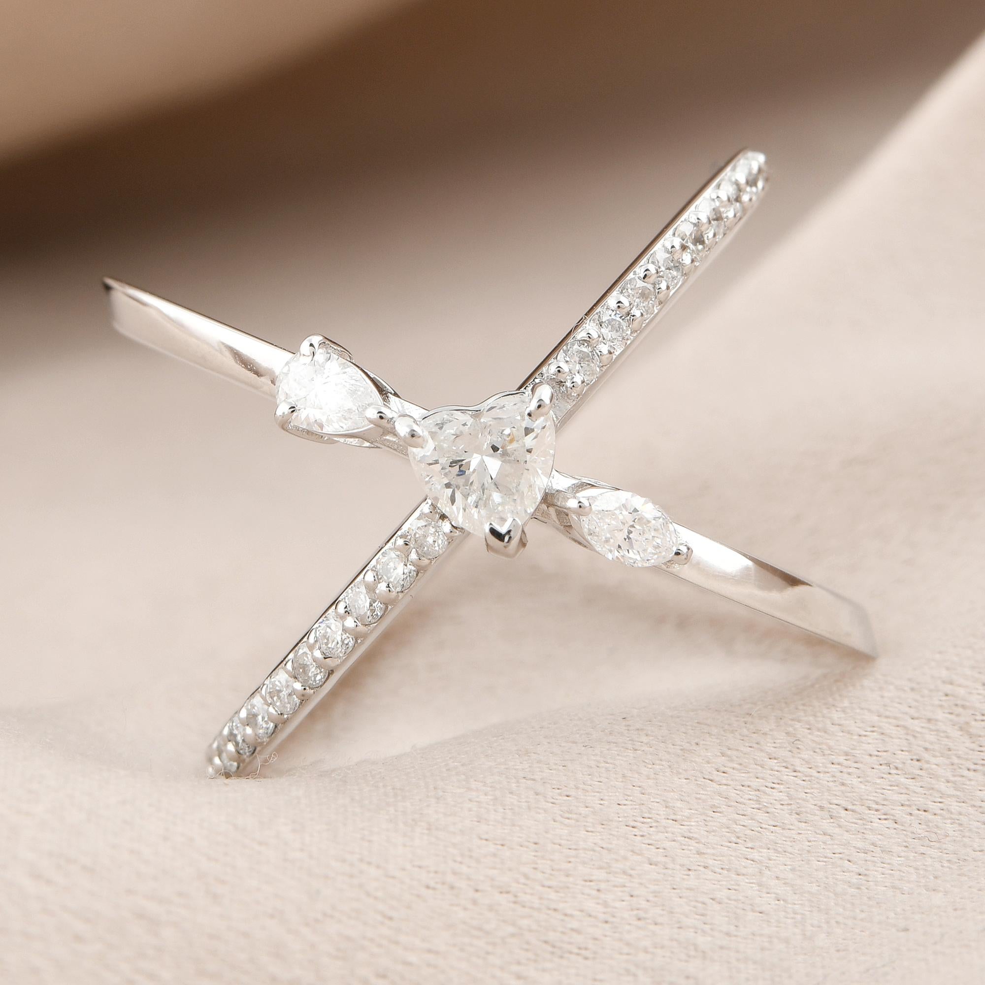 Heart Cut 0.68 Carat Heart Diamond Criss Cross Ring 14 Karat White Gold Handmade Jewelry For Sale