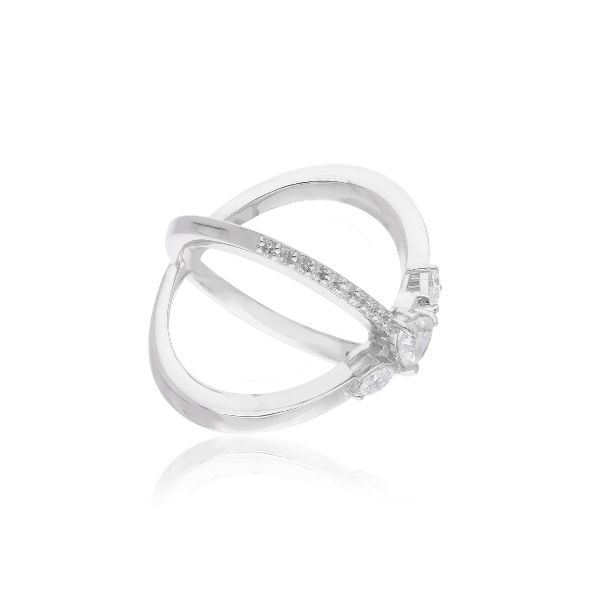 Women's 0.68 Carat Heart Diamond Criss Cross Ring 14 Karat White Gold Handmade Jewelry For Sale