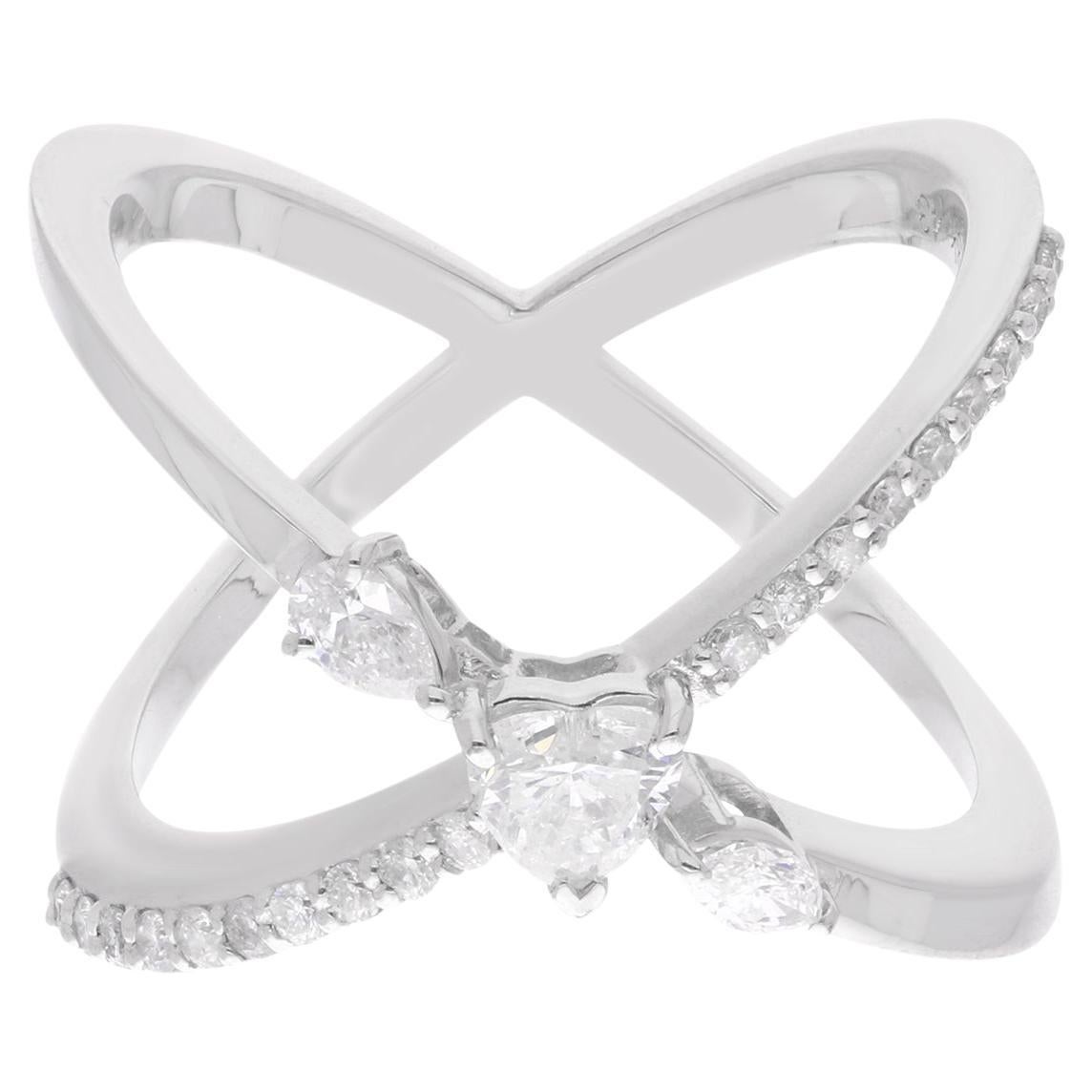 0.68 Carat Heart Diamond Criss Cross Ring 14 Karat White Gold Handmade Jewelry