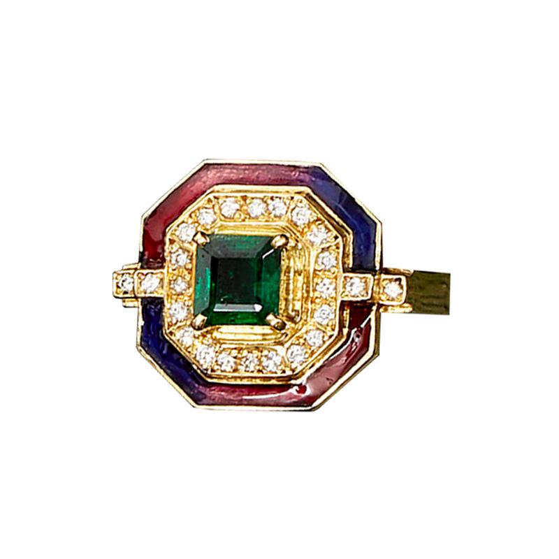 This Art-Deco style modern British-London Hallmarked 18 karat yellow gold ring, set with highest quality of diamonds and 0.68 carat of natural Emerald is from MAIKO NAGAYAMA's Haute Couture Collection called 
