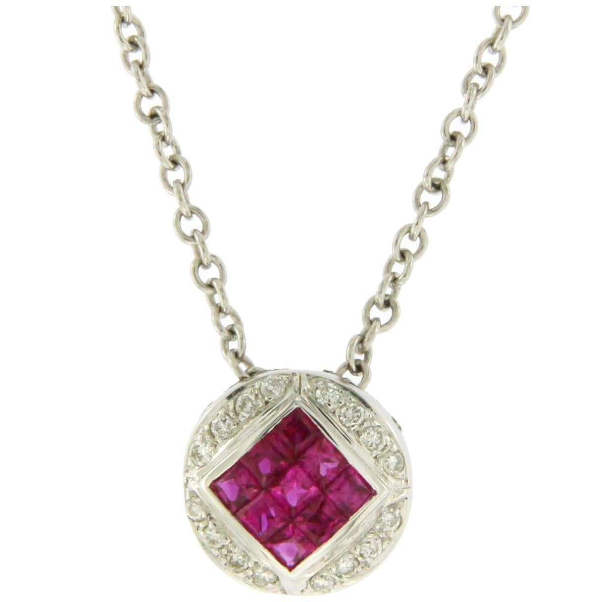 0.68 Carat Natural Ruby and 0.10 Carat Diamonds 14 Karat Gold Round Necklace For Sale