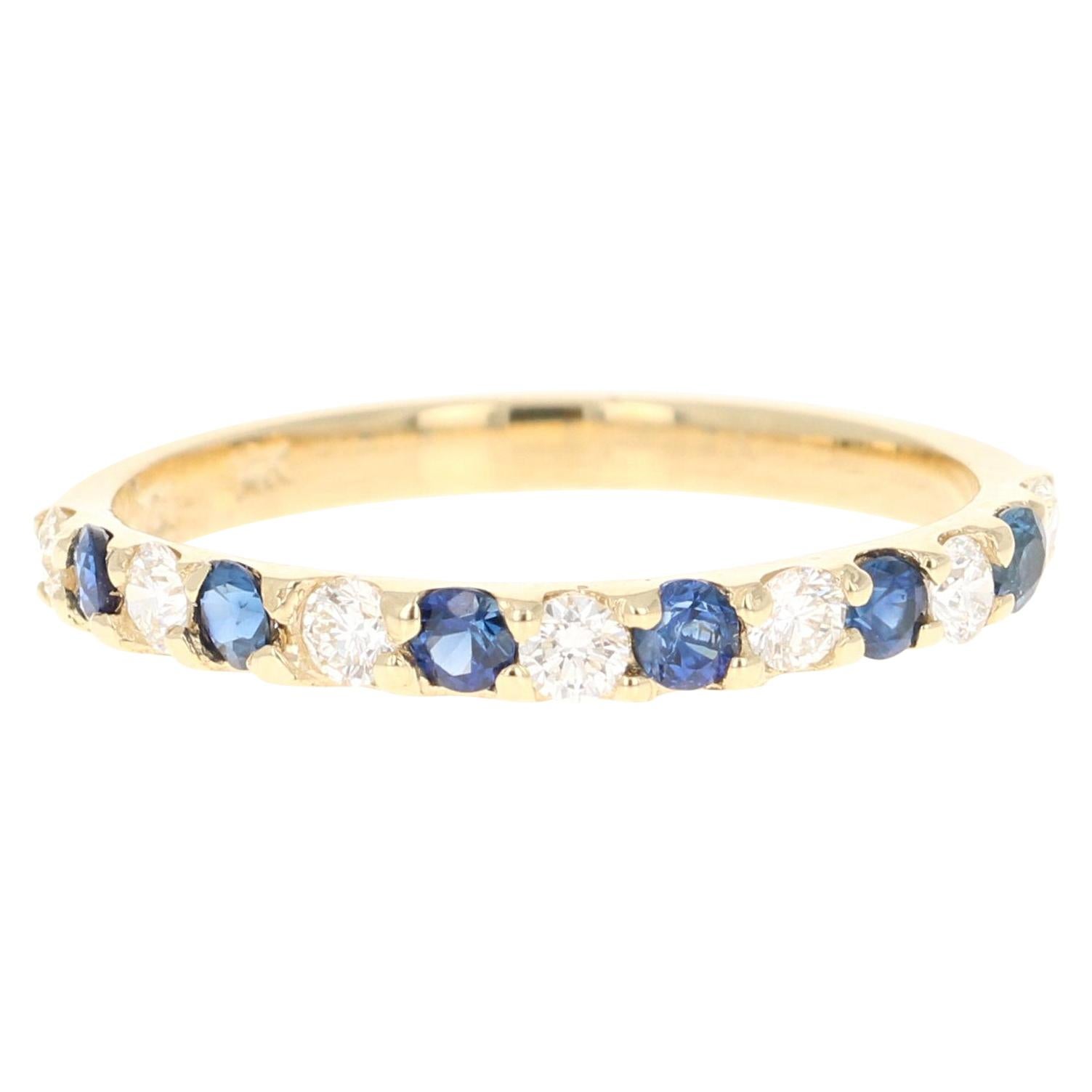 0.68 Carat Round Cut Blue Sapphire Diamond Band 14 Karat Yellow Gold