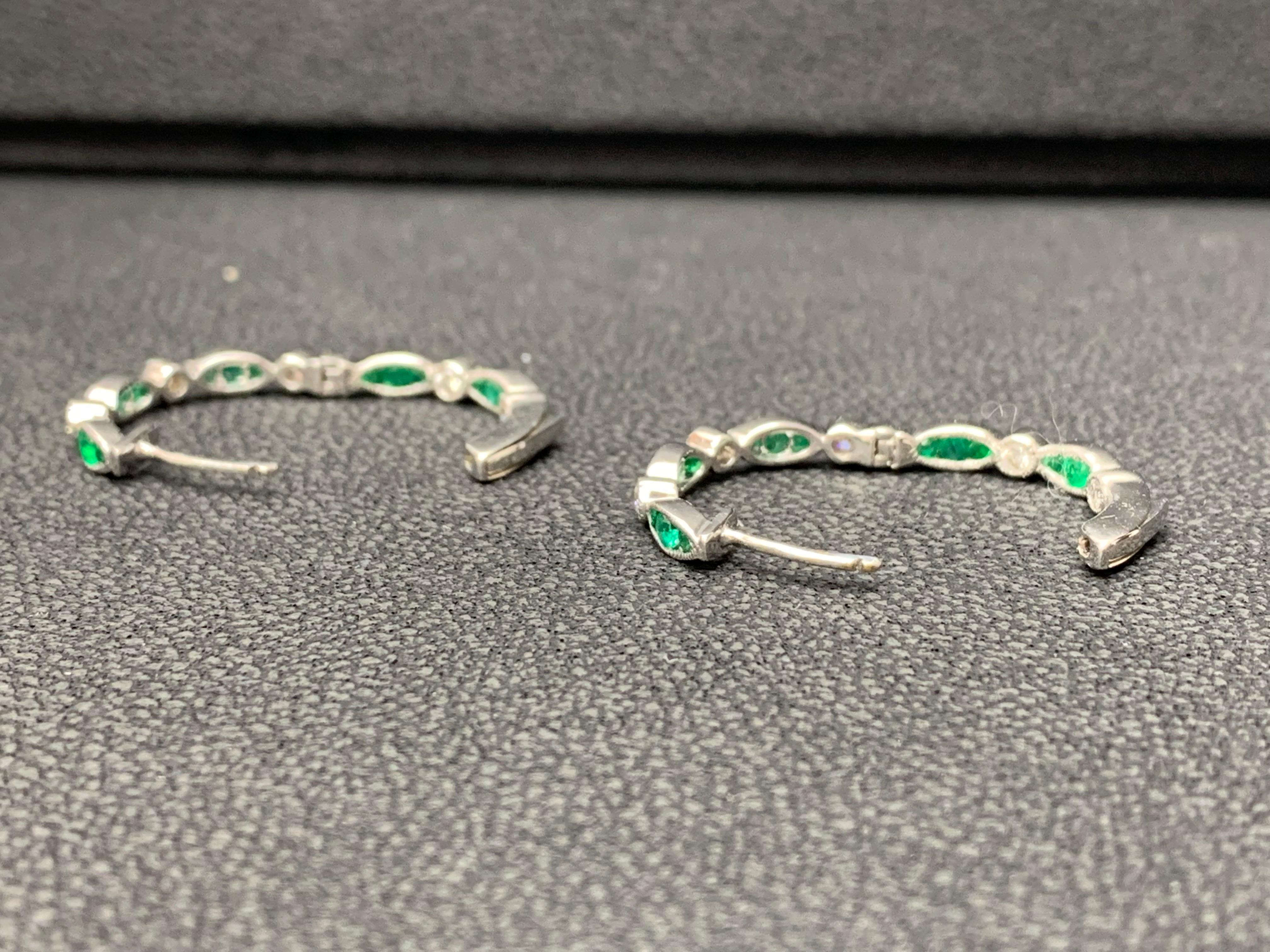 0.68 Carat Round Cut Emerald and Diamond Hoop Earrings in 18K White Gold For Sale 5