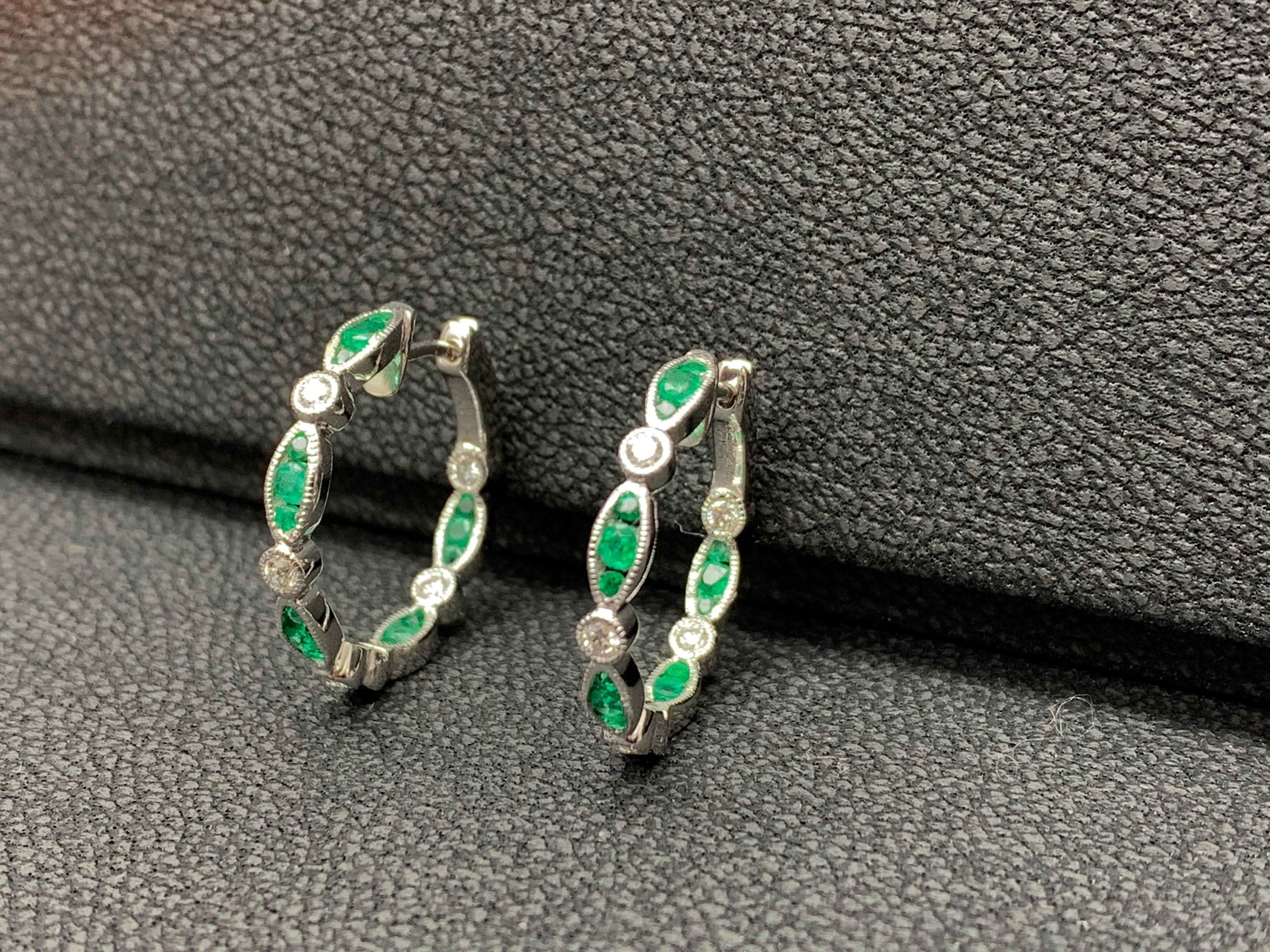 Contemporary 0.68 Carat Round Cut Emerald and Diamond Hoop Earrings in 18K White Gold For Sale