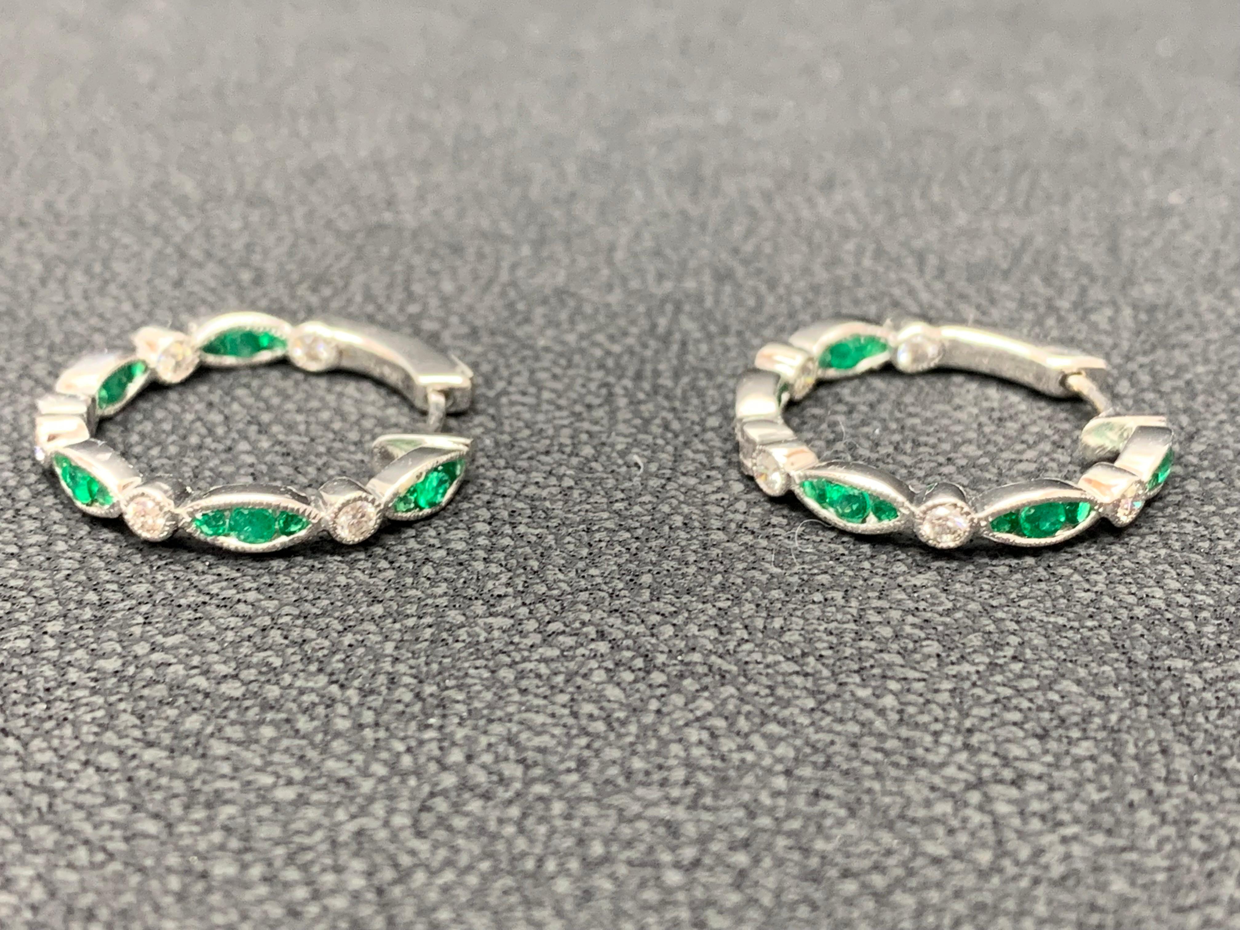 Women's 0.68 Carat Round Cut Emerald and Diamond Hoop Earrings in 18K White Gold For Sale