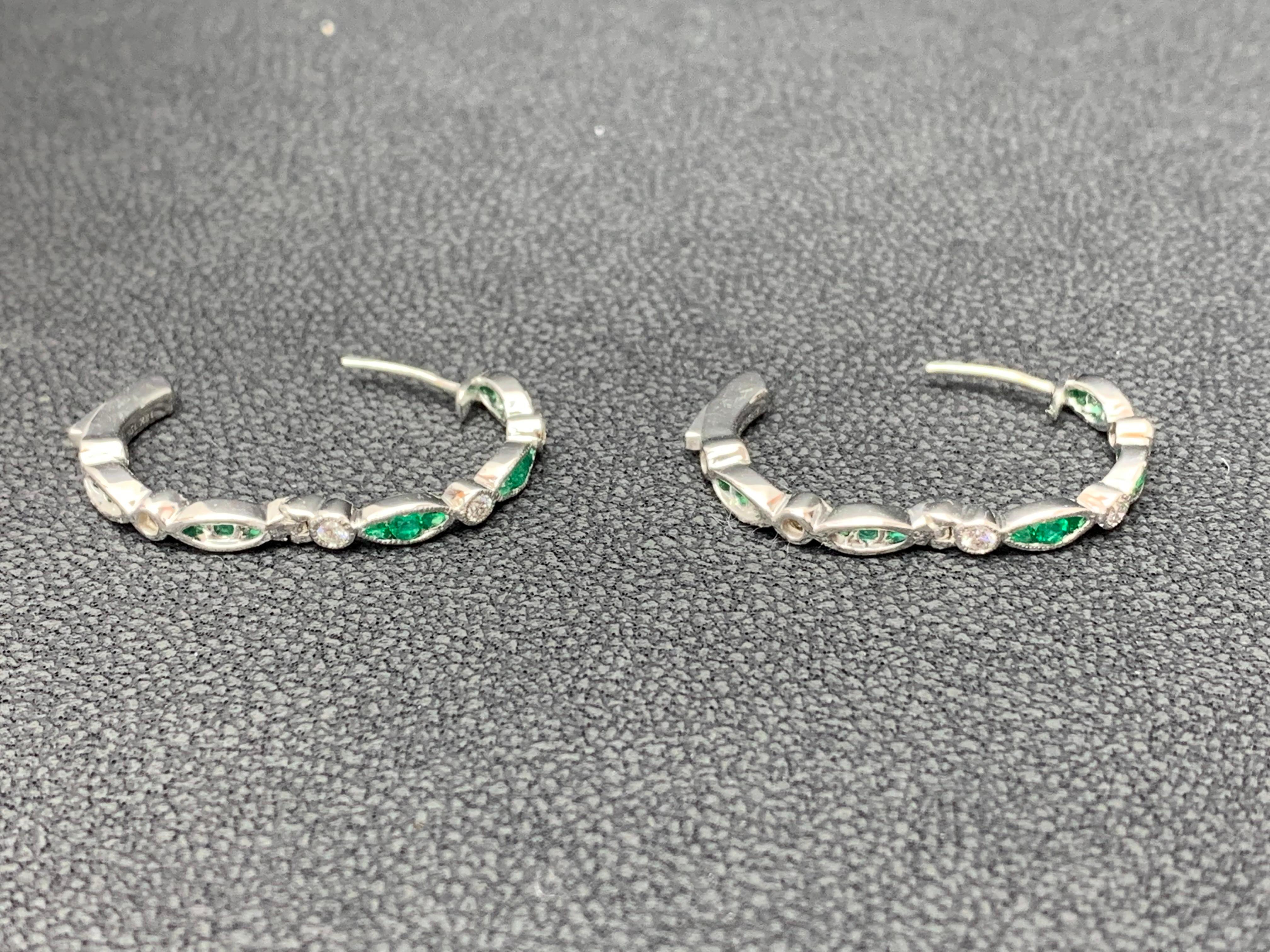 0.68 Carat Round Cut Emerald and Diamond Hoop Earrings in 18K White Gold For Sale 2