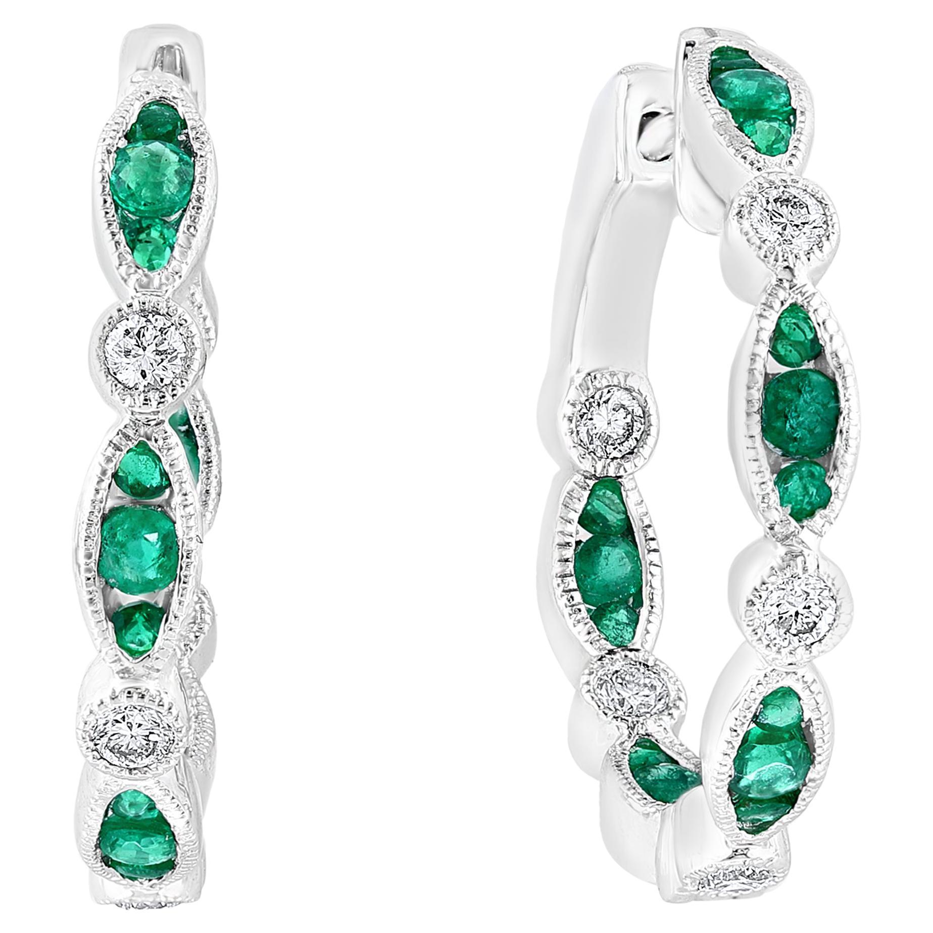 0.68 Carat Round Cut Emerald and Diamond Hoop Earrings in 18K White Gold For Sale