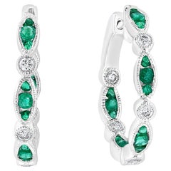 0.68 Carat Round Cut Emerald and Diamond Hoop Earrings in 18K White Gold
