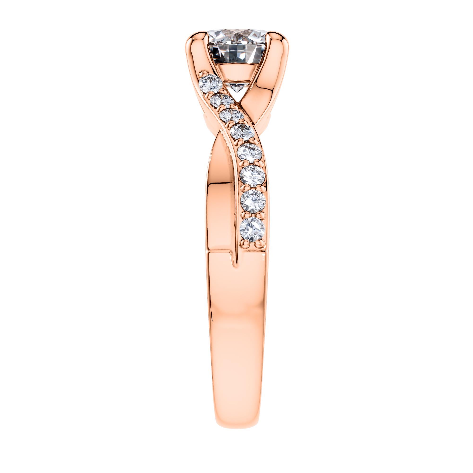 For a beautifully entwined journey together, this gleaming twisted vine modern classic engagement ring. Handmade in 18 Karat Rose Gold, with a total of 0.68 Carat White Diamonds. Set in an open gallery 4 prong mount with a split shank that has one