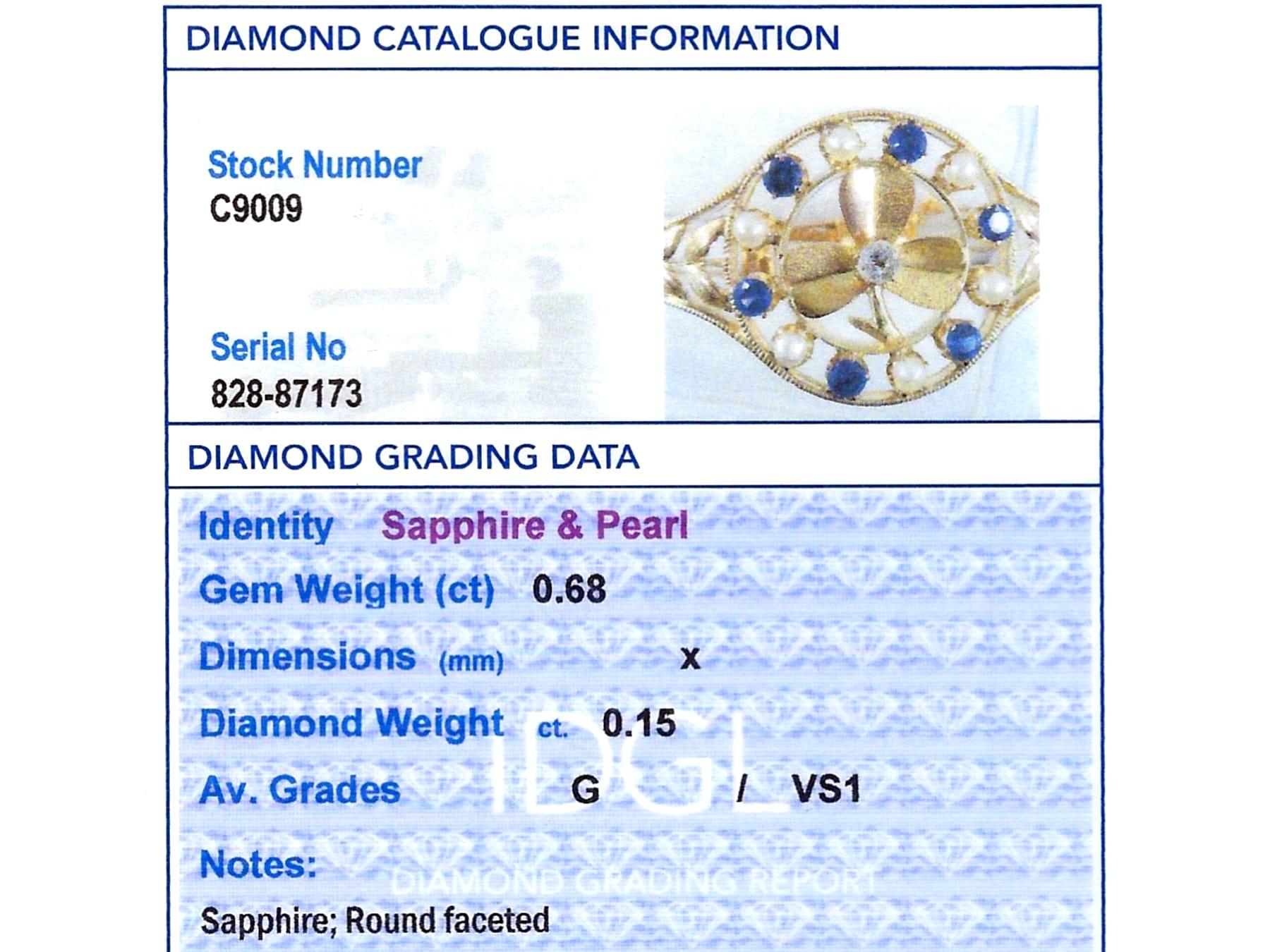 Bracelet en or jaune 18 carats, saphir de 0,68 carat, diamant de 0,15 carat, perle naturelle en vente 7
