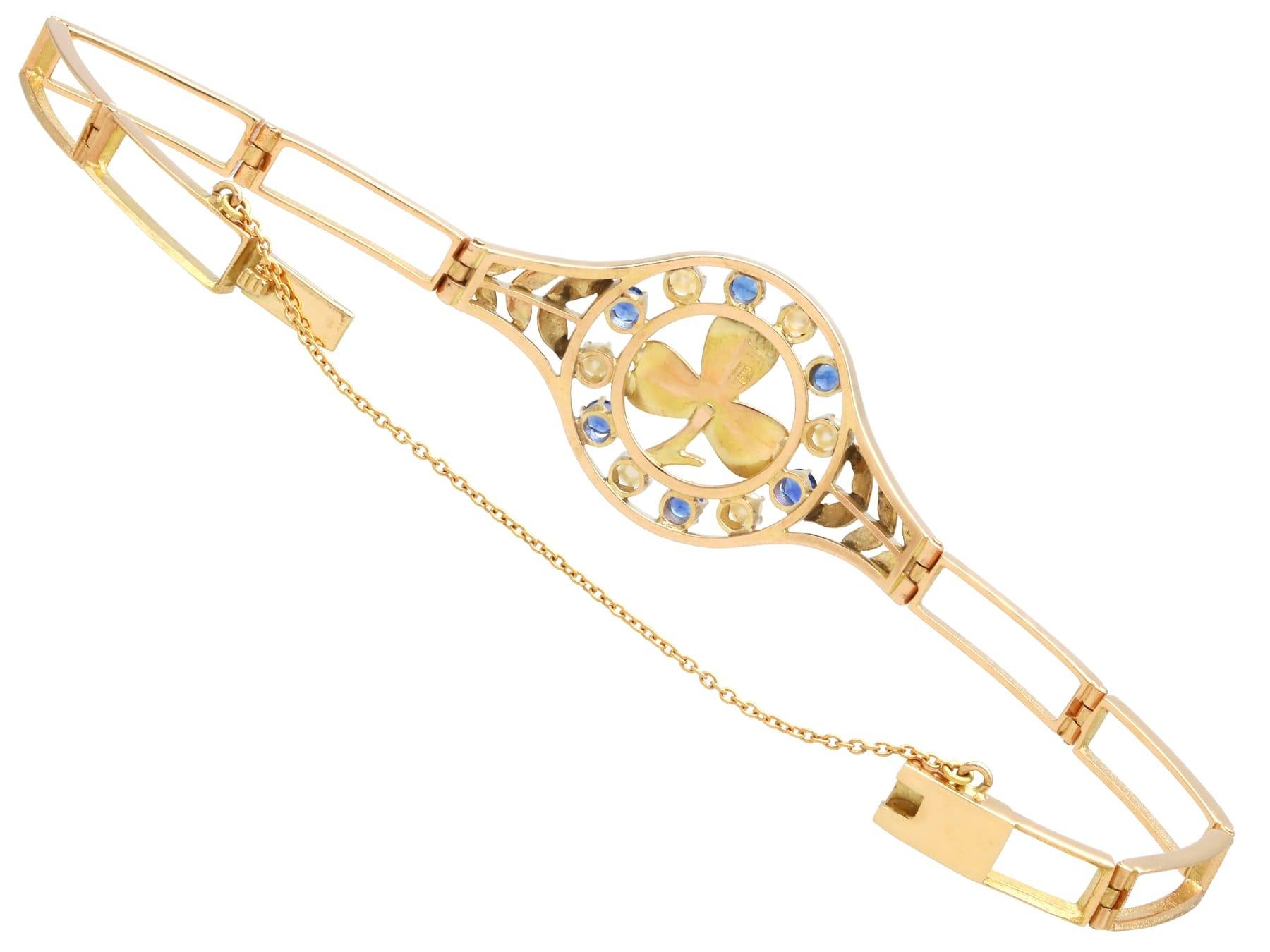 Bracelet en or jaune 18 carats, saphir de 0,68 carat, diamant de 0,15 carat, perle naturelle en vente 2