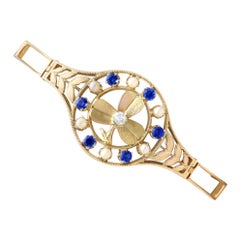 0.68 Carat Sapphire, 0.15 Carat Diamond, Seed Pearl and 18k Yellow Gold Bracelet