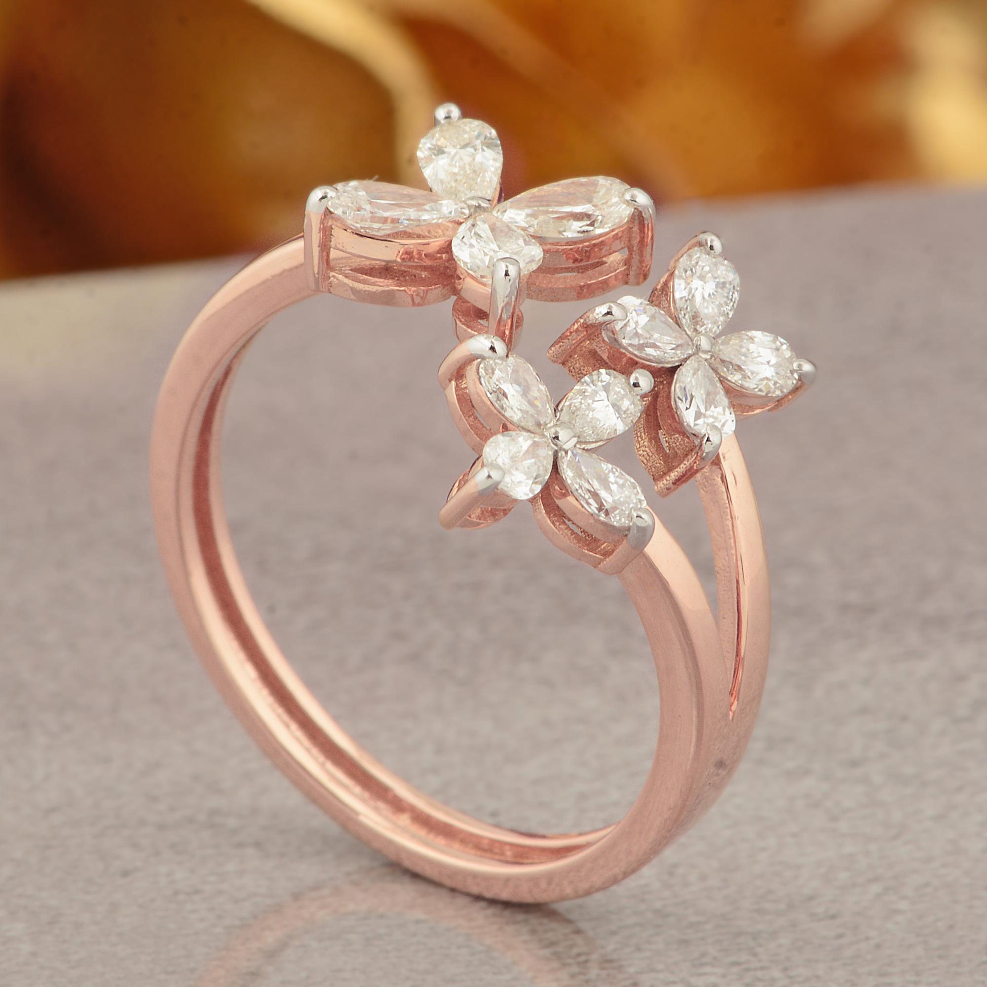 For Sale:  0.68 Carat SI Clarity HI Color Pear Diamond Flower Ring 18k Rose Gold Jewelry 4