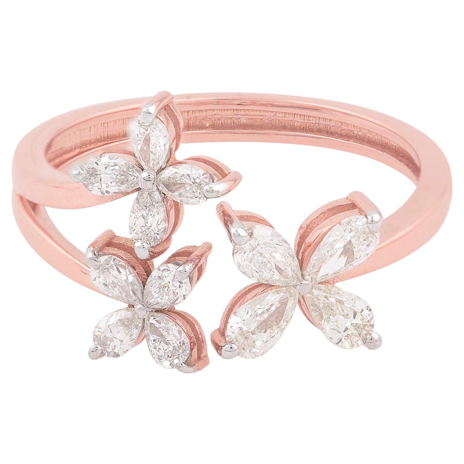 Bague fleur en diamant poire de 0,68 carat, pureté SI, couleur HI, en or rose 18k