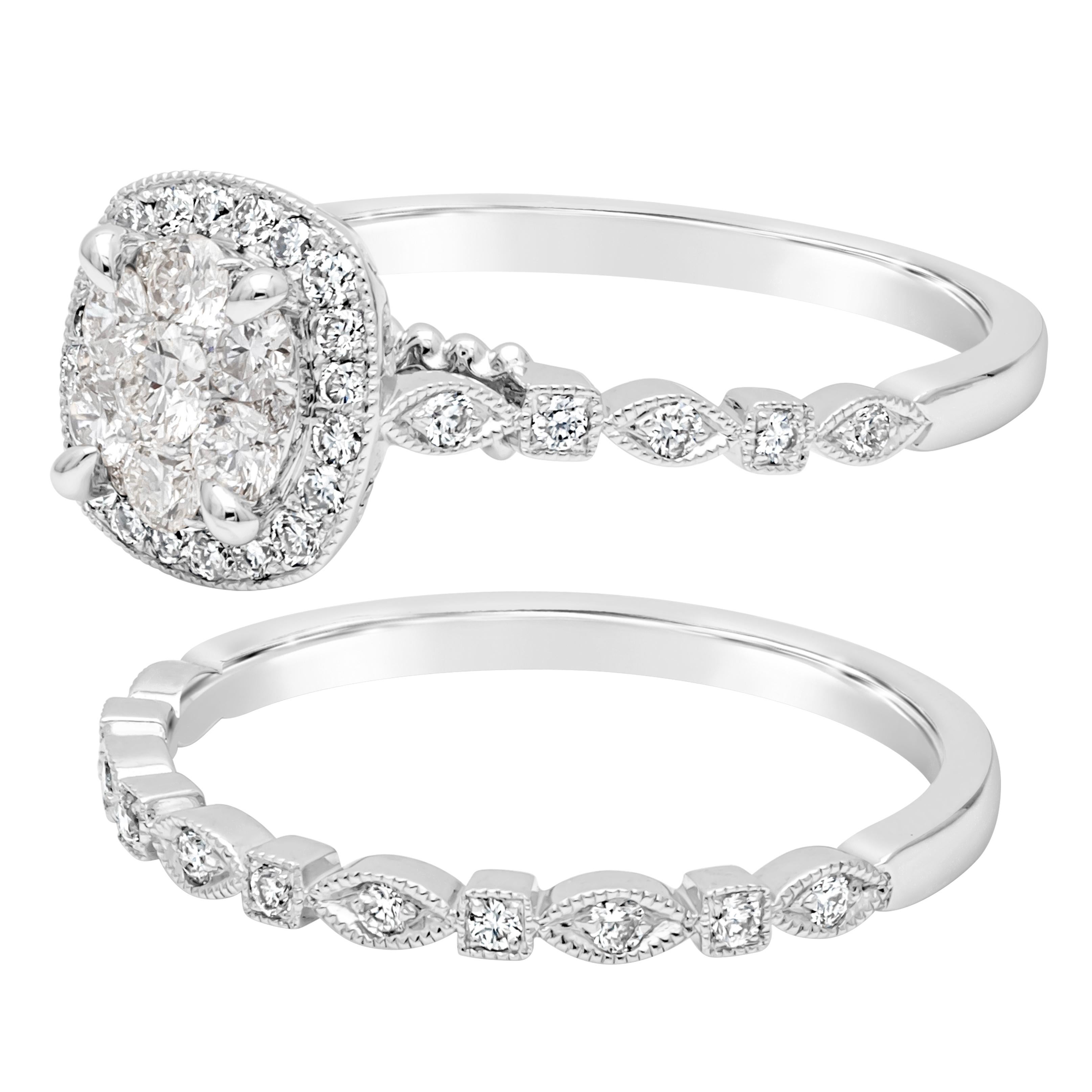 A well crafted engagement ring and wedding band set featuring brilliant round diamonds weighing 0.68 carats total, G-H color and VS-SI in clarity made in 14K White Gold. Engagement ring features brilliant round diamonds forming a cushion cut