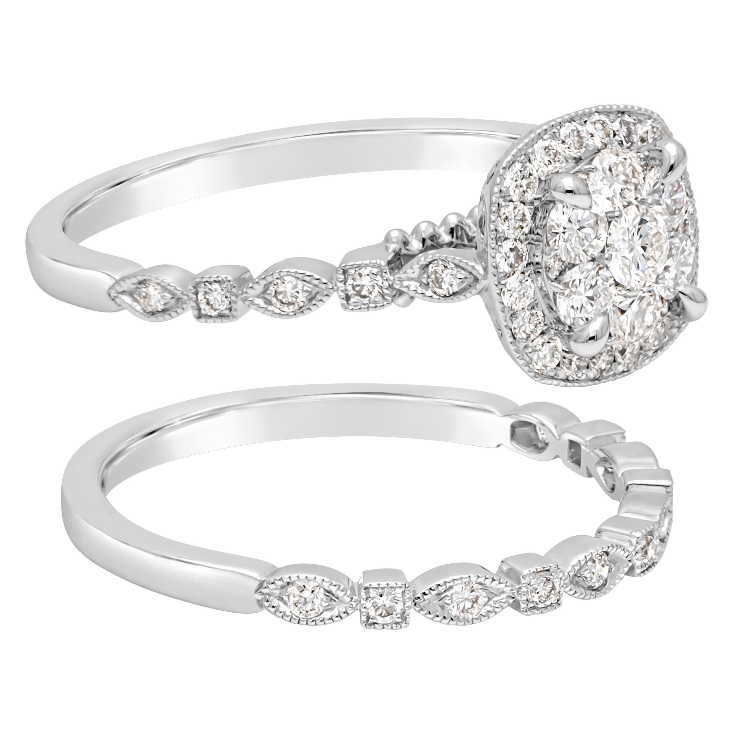 Contemporain Ensemble bague de fiançailles et d'alliances avec halo de diamants ronds de 0,68 carat au total  en vente