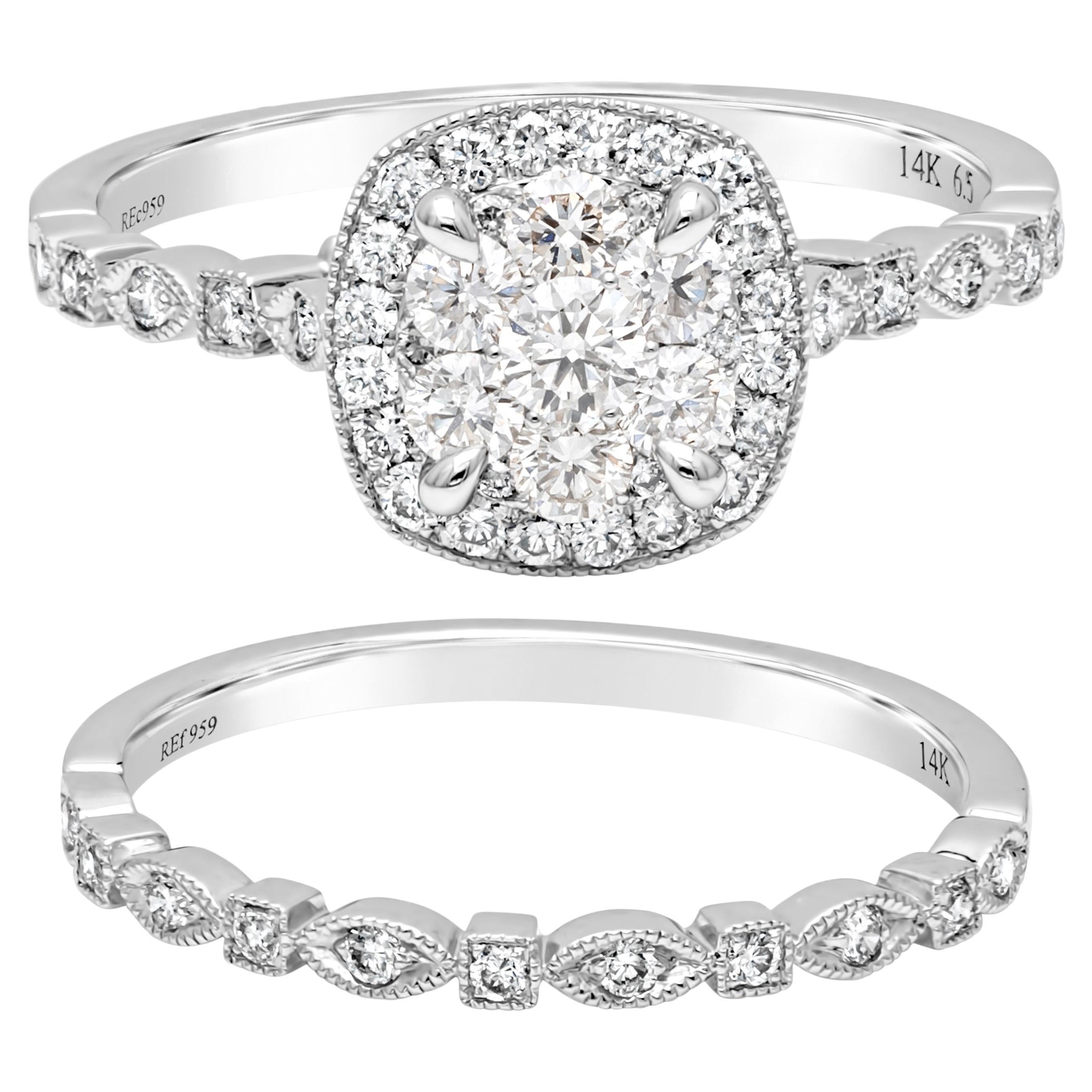 Ensemble bague de fiançailles et d'alliances avec halo de diamants ronds de 0,68 carat au total  en vente