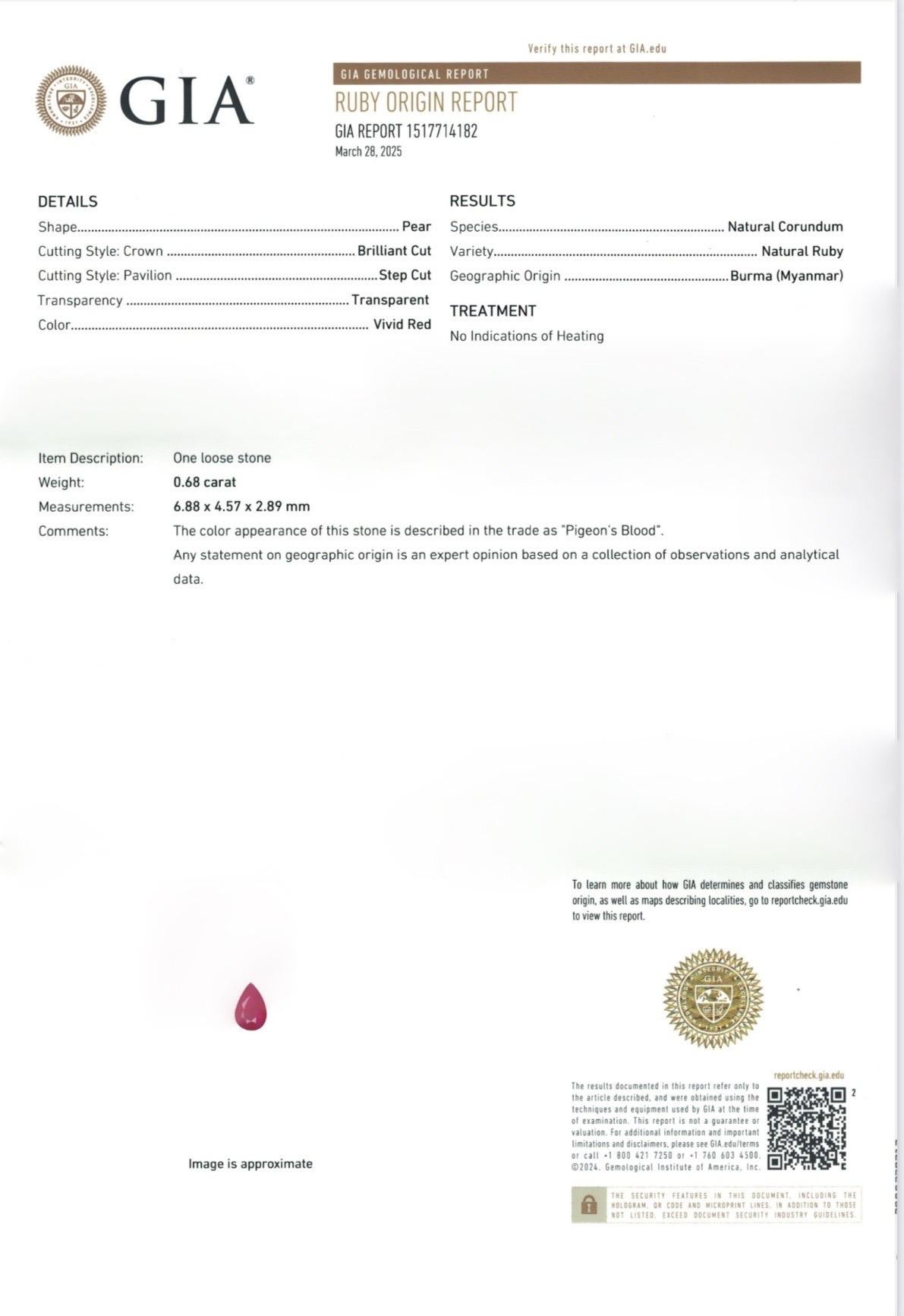 0.68 Ct GIA Certificate Natural Ruby Burma unheated Pigeon Blood color gemstone For Sale 5