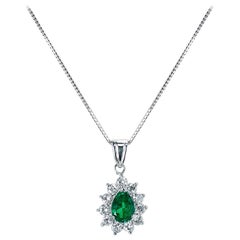 0.68 Ct Pear-Shape Emerald and 0.64 Ct Diamonds Pendant Necklace, Platinum