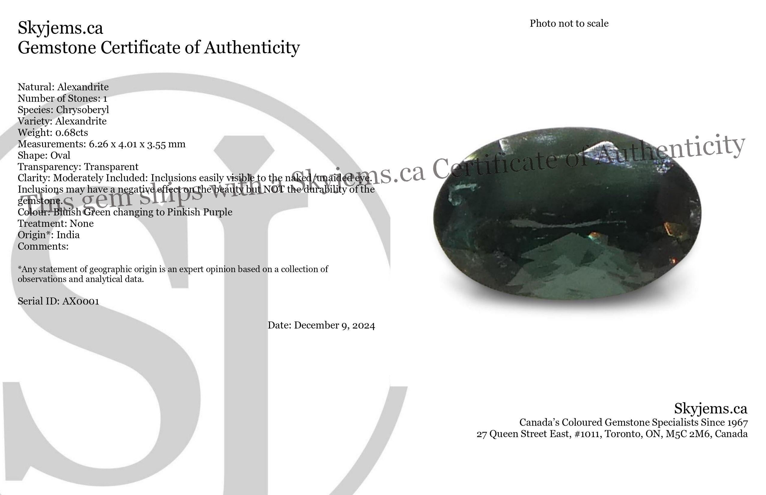 Description:

Gem Type: Alexandrite 
Number of Stones: 1
Weight: 0.68 cts
Measurements: 6.26 x 4.01 x 3.55 mm
Shape: Oval
Cutting Style Crown: 
Cutting Style Pavilion:  
Transparency: Transparent
Clarity: Moderately Included: Inclusions easily