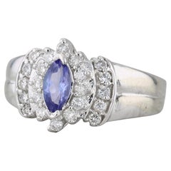 Anello aureolato con diamante tanzanite marquise da 0,68 ct. in oro bianco 14k, misura 5,5, fidanzamento