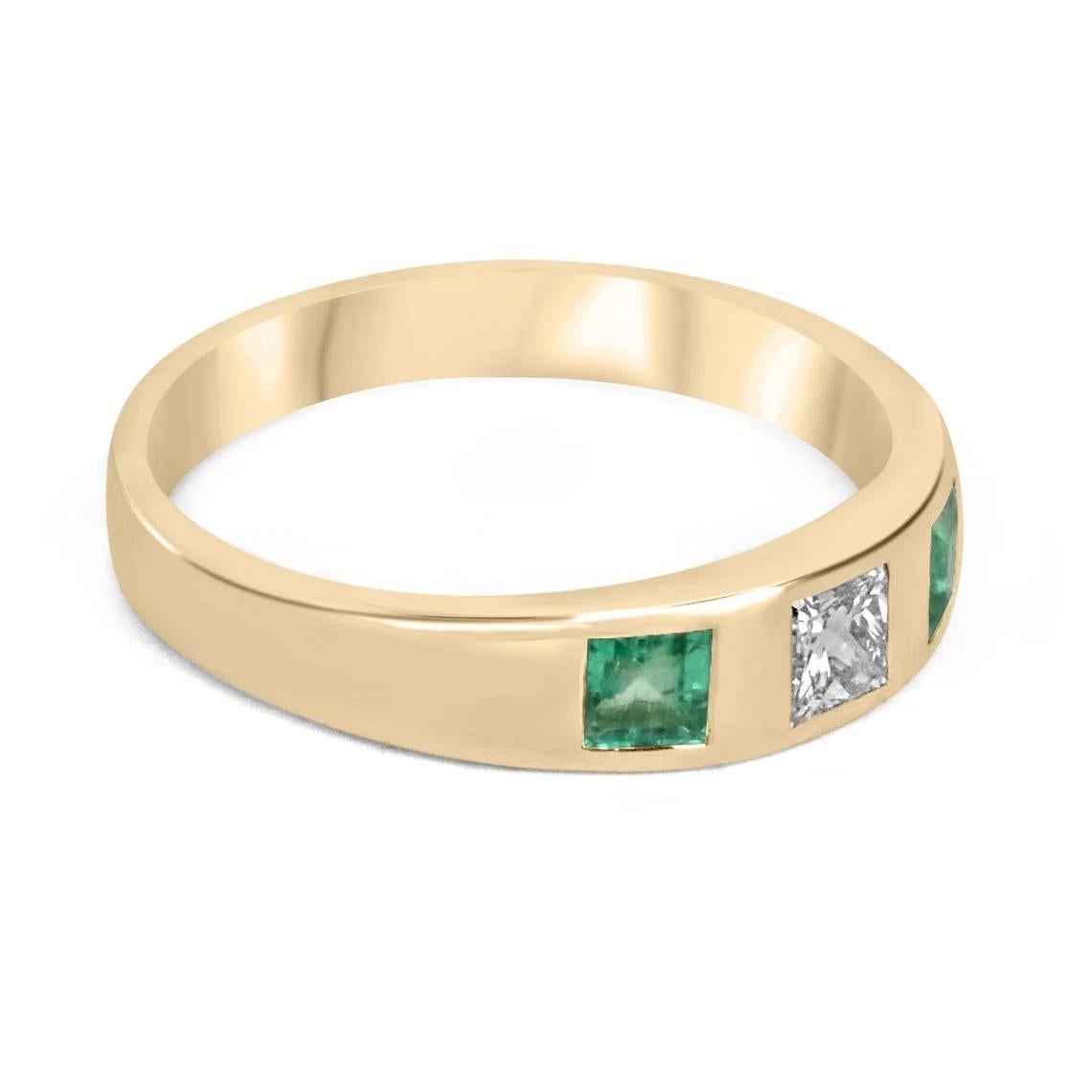 This band ring features a stunning 3.1mm princess-cut diamond as its centerpiece, with two beautiful asscher-cut emeralds accenting the sides, creating a striking three-stone look within the band. All three stones are securely bezel-set in 14k gold,