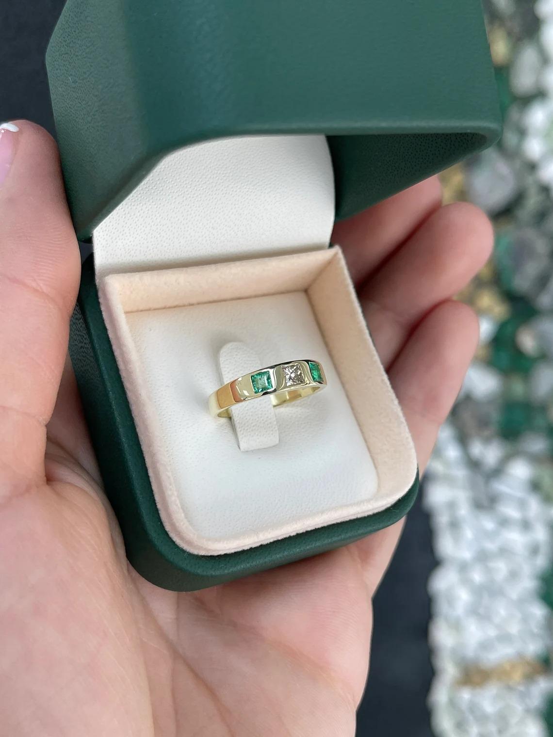 0.68tcw 14K Natural Princess Cut Emerald & Diamond Trilogy 3Stone Bezel Ring For Sale 3