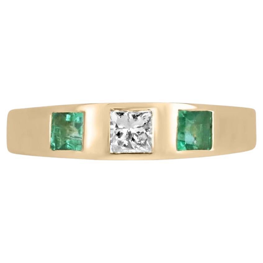 0.68tcw 14K Natural Princess Cut Emerald & Diamond Trilogy 3Stone Bezel Ring For Sale