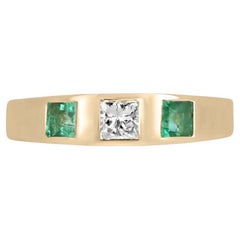 0.68tcw 14K Natural Princess Cut Emerald & Diamond Trilogy 3Stone Bezel Ring