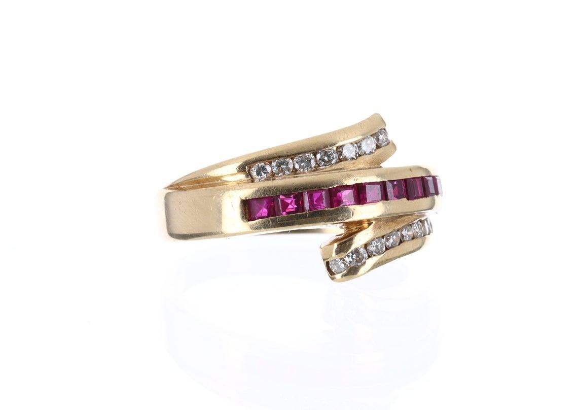 Princess Cut 0.68tcw 14K Natural Ruby & Diamond Cocktail Band Ring For Sale