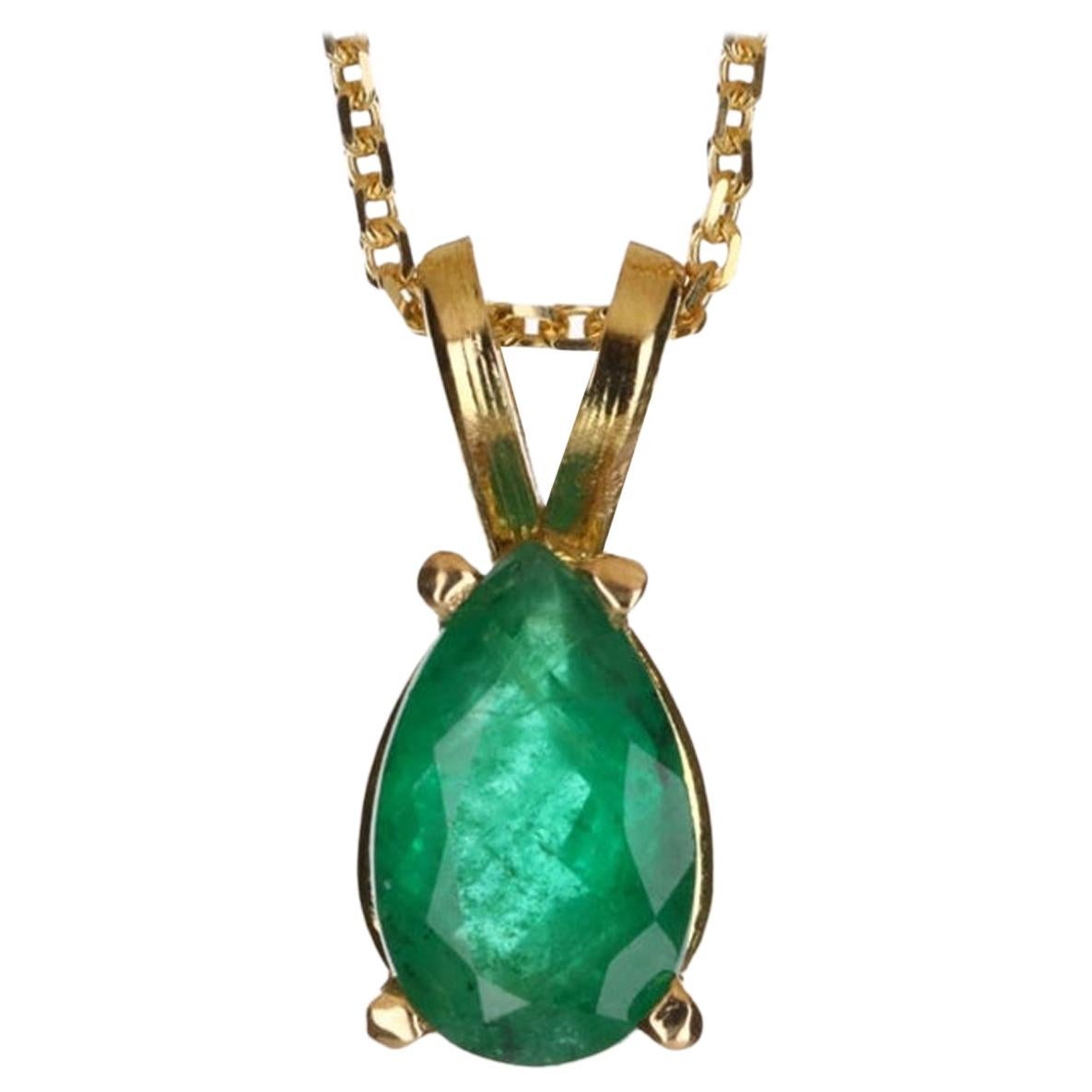 0.69-Carat 14K Colombian Emerald Solitaire Pear Gold Pendant For Sale
