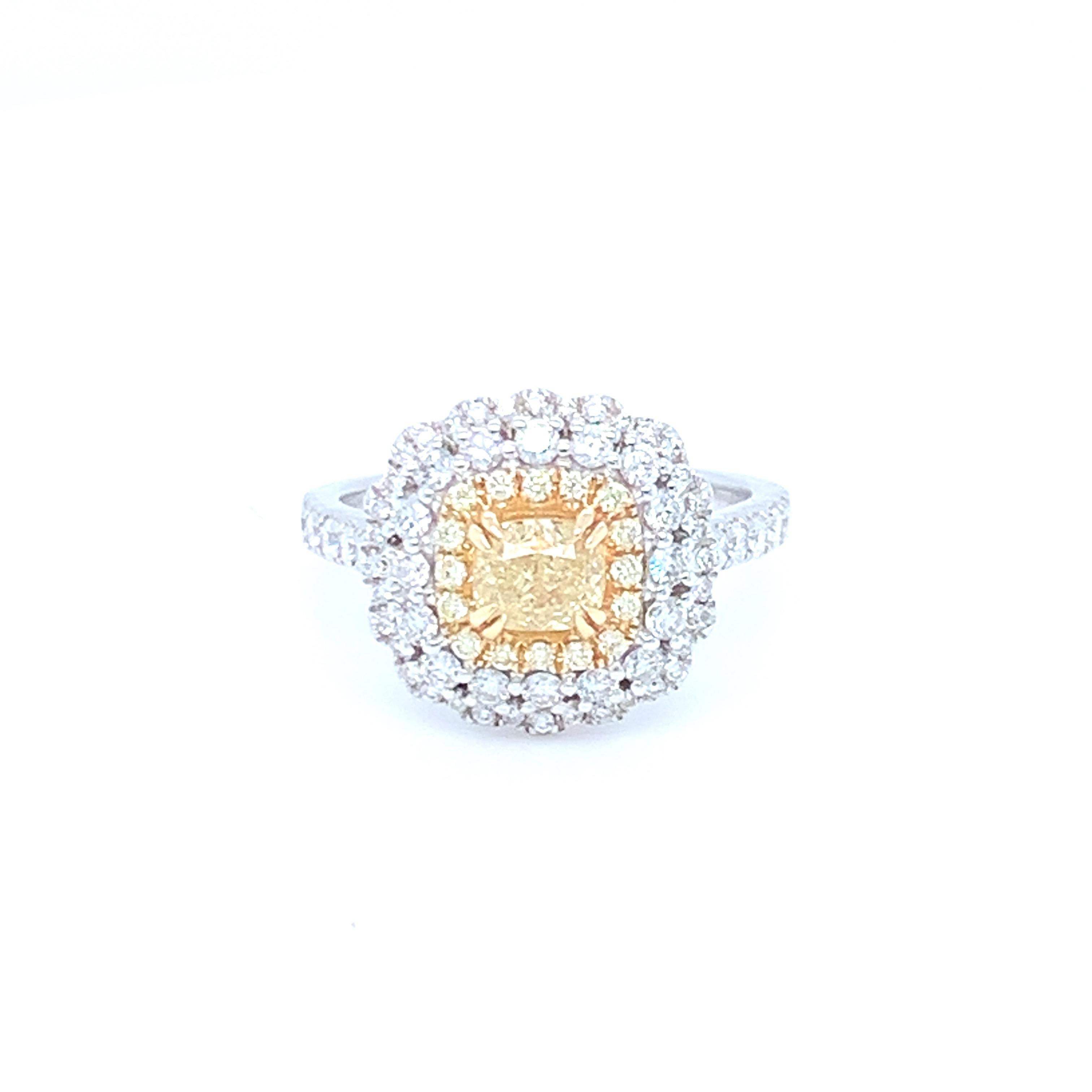 0.69 Carat Cushion Yellow Diamond White Diamond Halo Ring Set in 14 Karat Gold For Sale 7