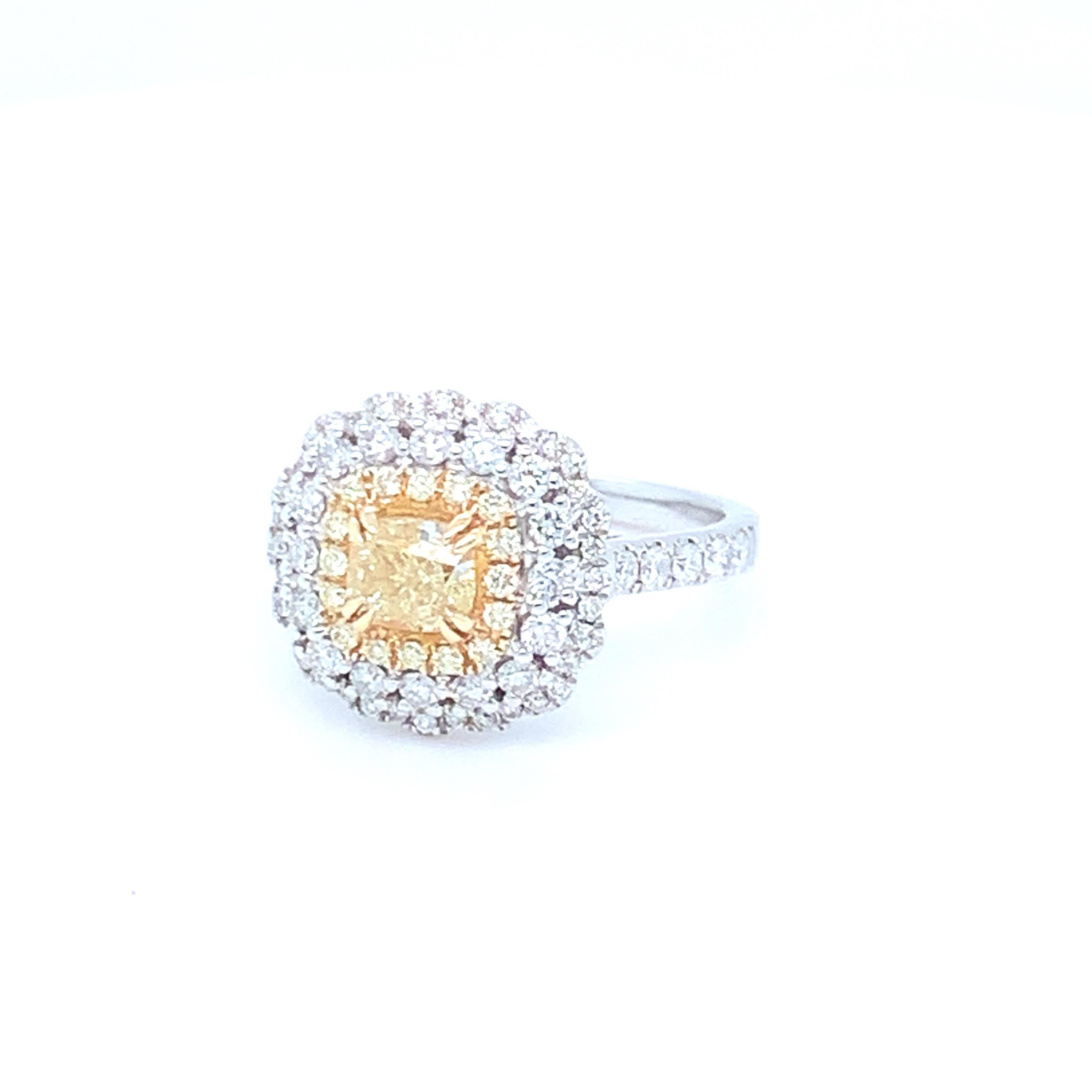 0.69 Carat Cushion Yellow Diamond White Diamond Halo Ring Set in 14 Karat Gold For Sale 8