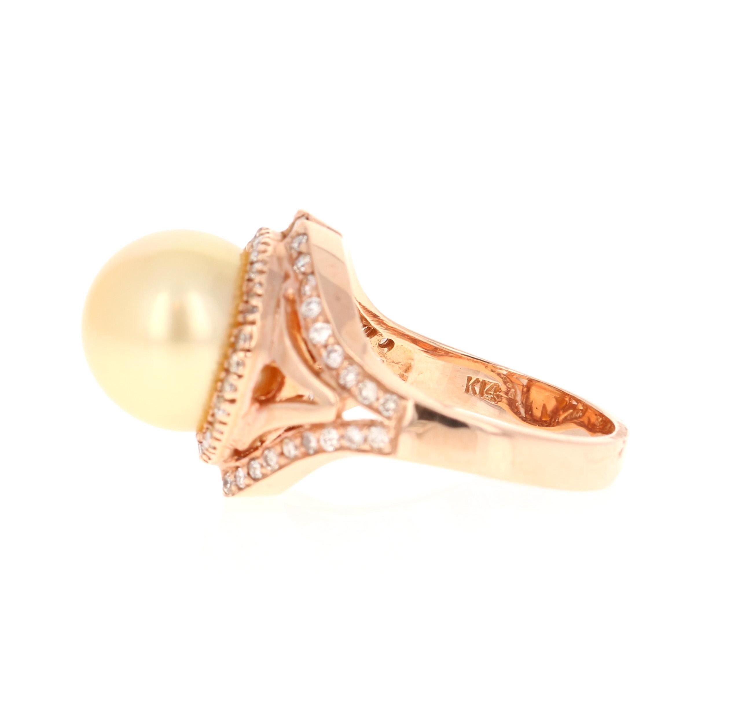 Round Cut 0.69 Carat Diamond South Sea Pearl 14 Karat Rose Gold Ring For Sale