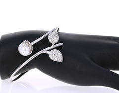 0.69 Carat Diamond South Sea Pearl White Gold Cuff Bangle Bracelet
