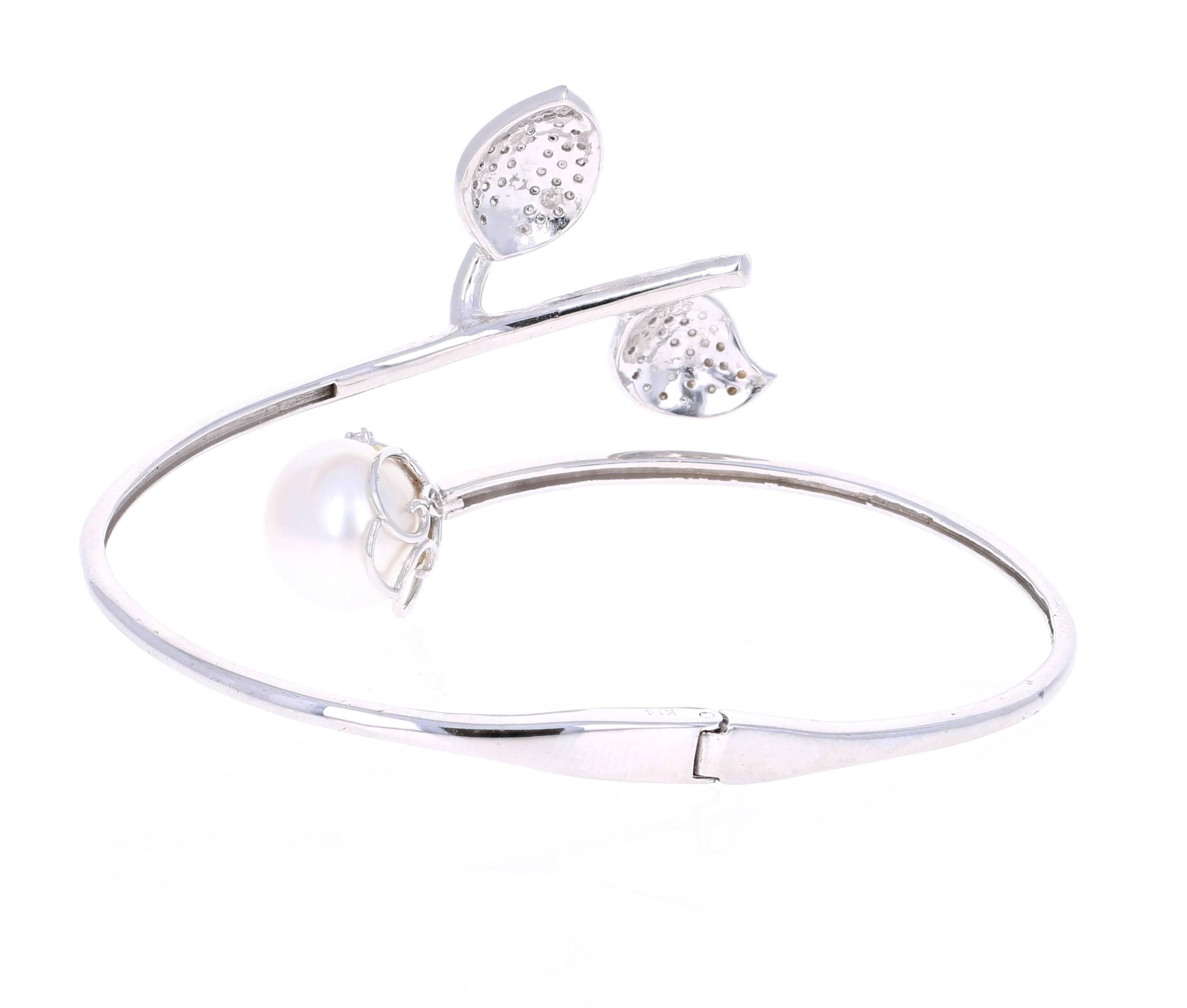Modern 0.69 Carat Diamond South Sea Pearl White Gold Cuff Bangle Bracelet