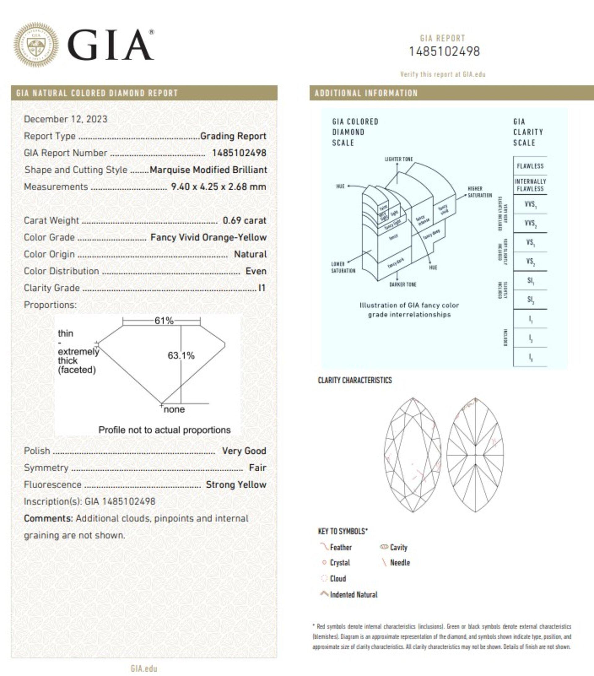0.69-CARAT, FANCY VIVID ORANGE YELLOW, CUT DIAMOND I1 Clarity GIA Certified For Sale 2