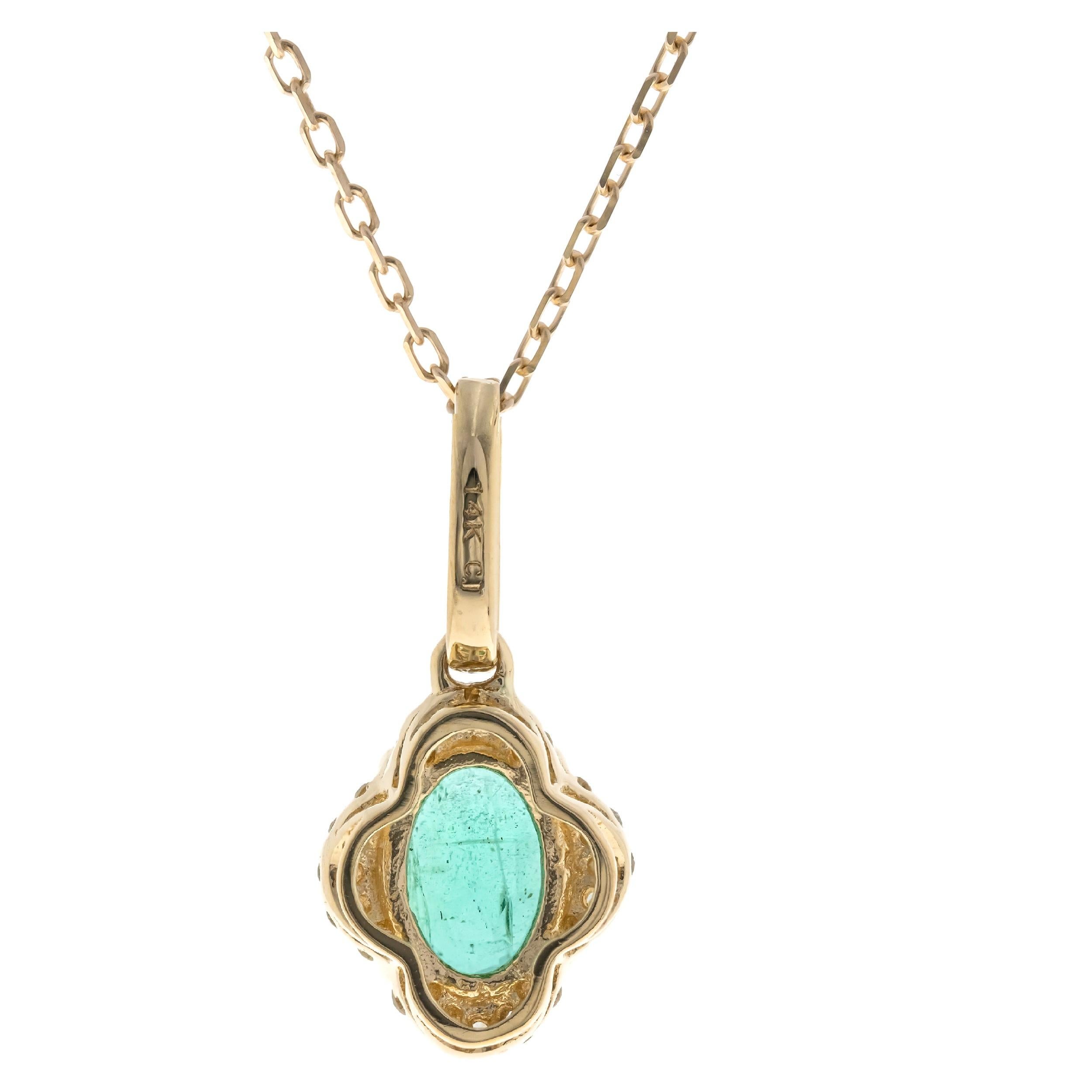 Art Deco 0.69 Carat Oval-Cut Emerald with Diamond Accents 14K Yellow Gold Pendant