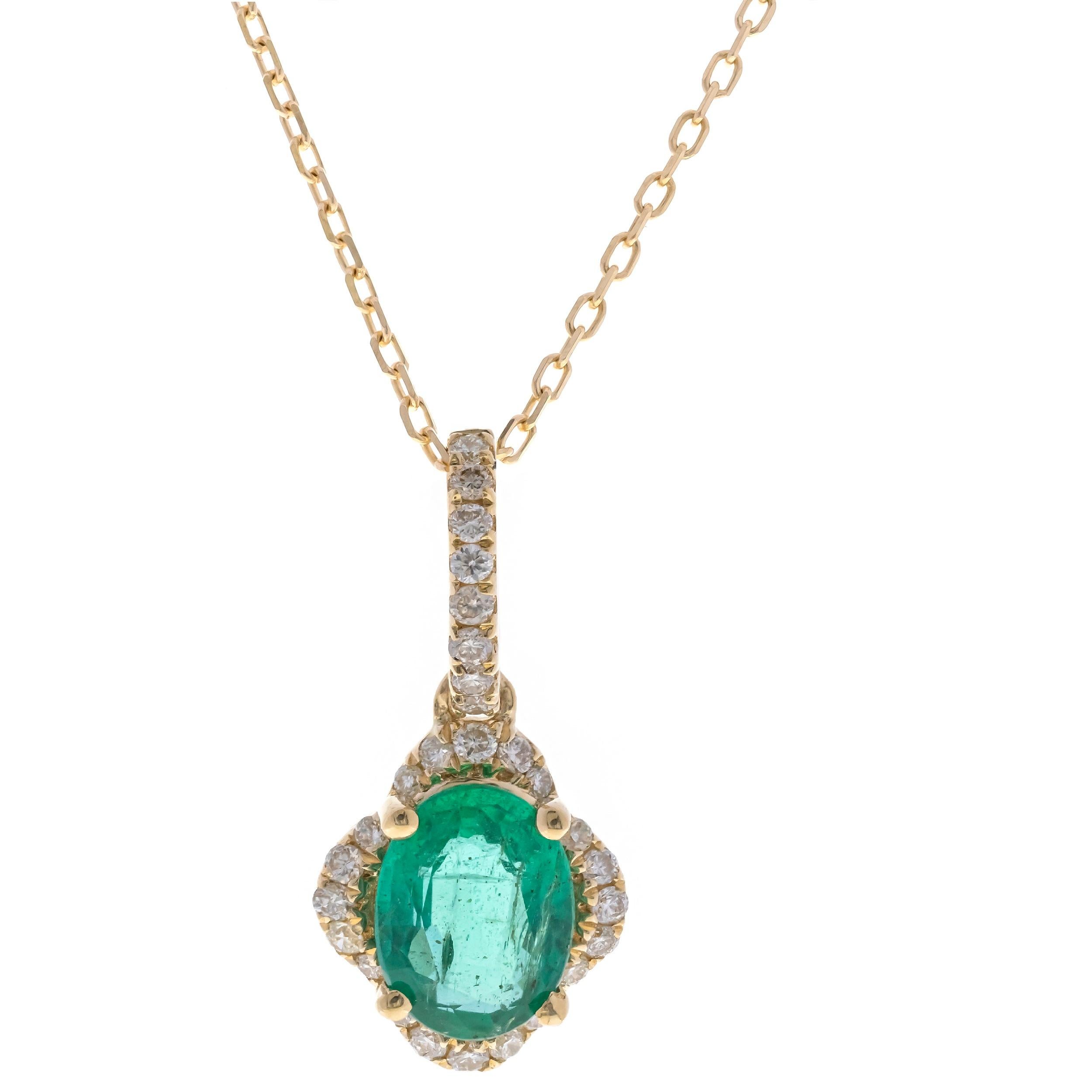 Oval Cut 0.69 Carat Oval-Cut Emerald with Diamond Accents 14K Yellow Gold Pendant