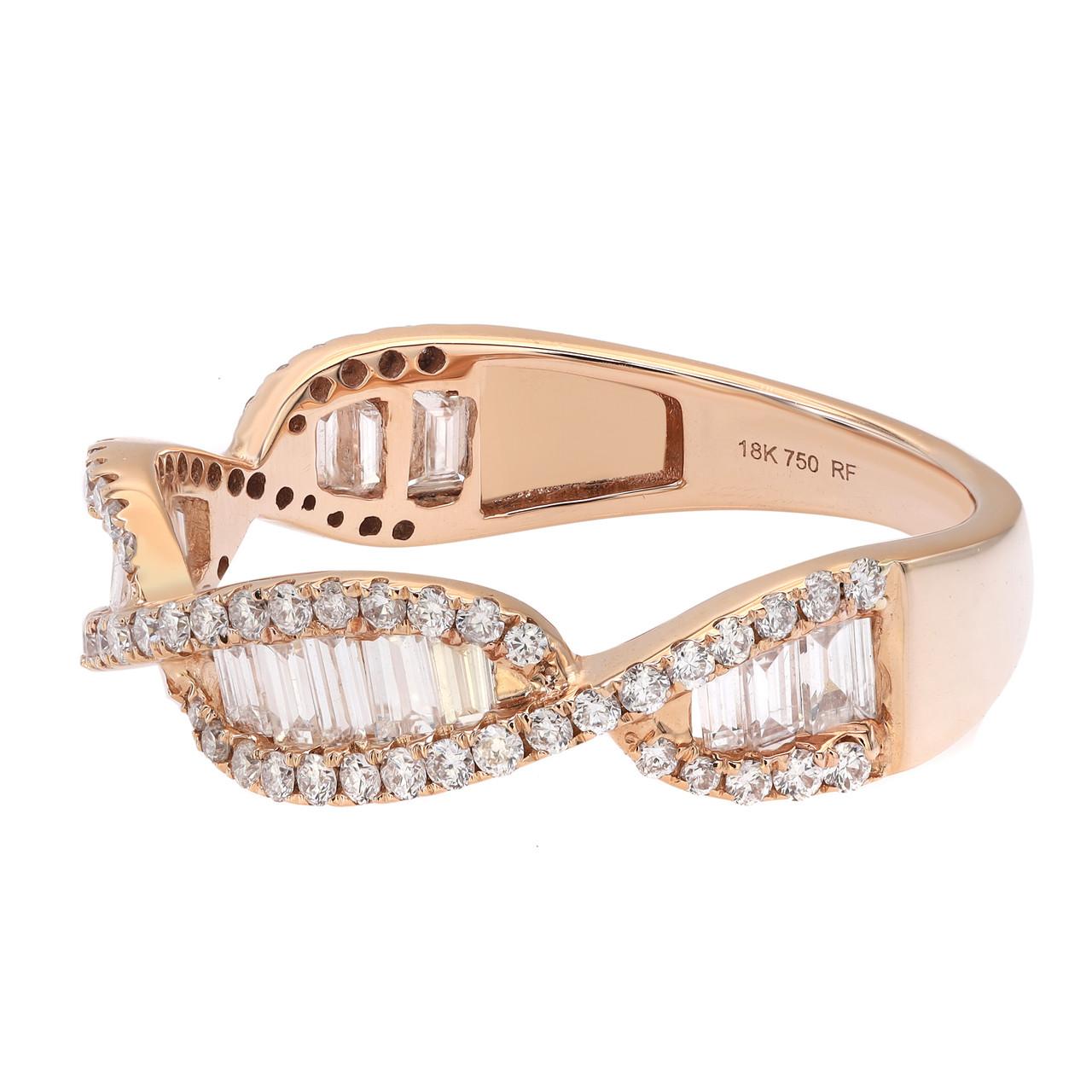 Introducing our stunning 0.69 Carat Round & Baguette Diamond Twist Band Ring in 18K Rose Gold. This ring features a beautiful combination of round and baguette-cut diamonds, creating a timeless and elegant design. The band showcases two rows of