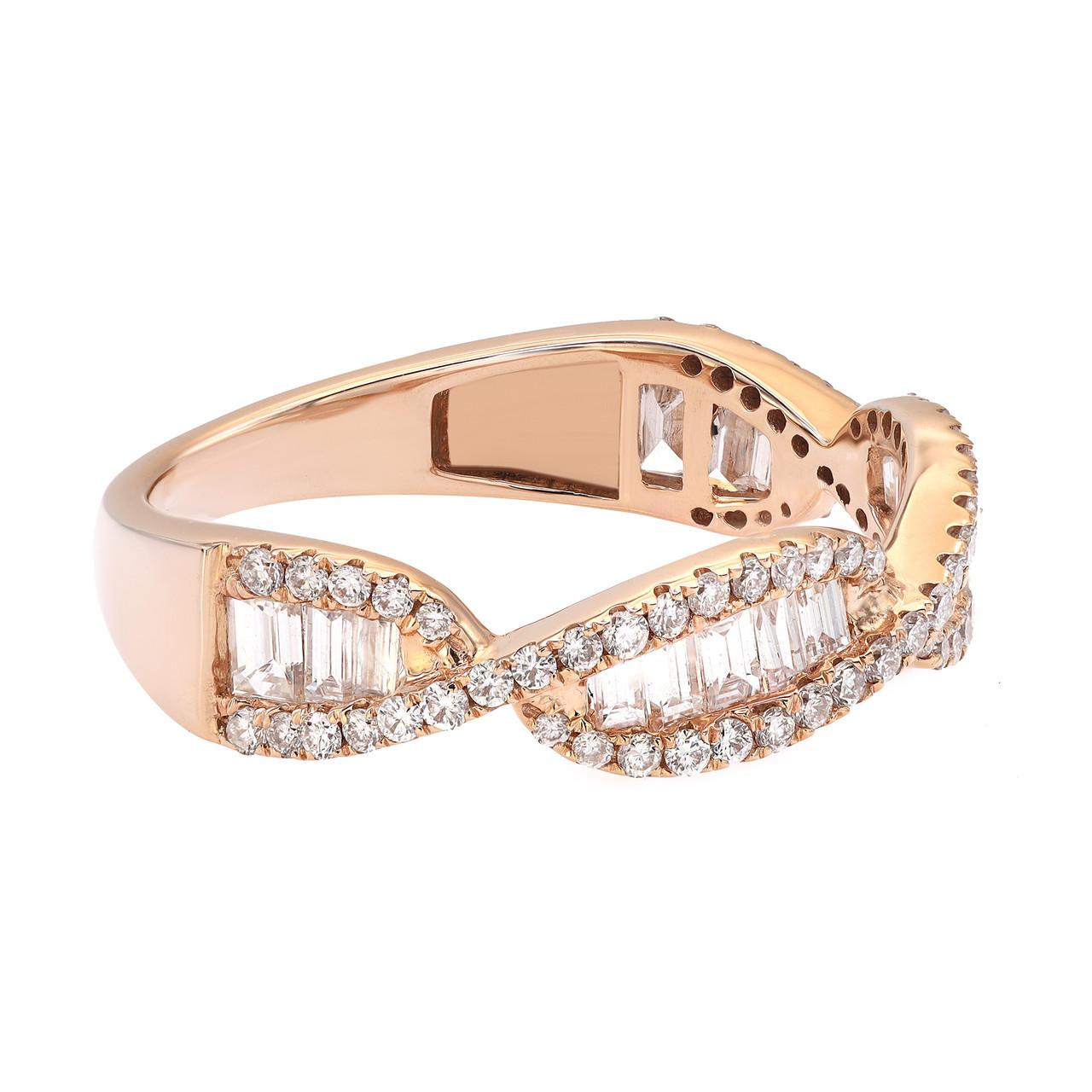 Modern 0.69 Carat Round & Baguette Diamond Twist Band Ring 18K Rose Gold For Sale