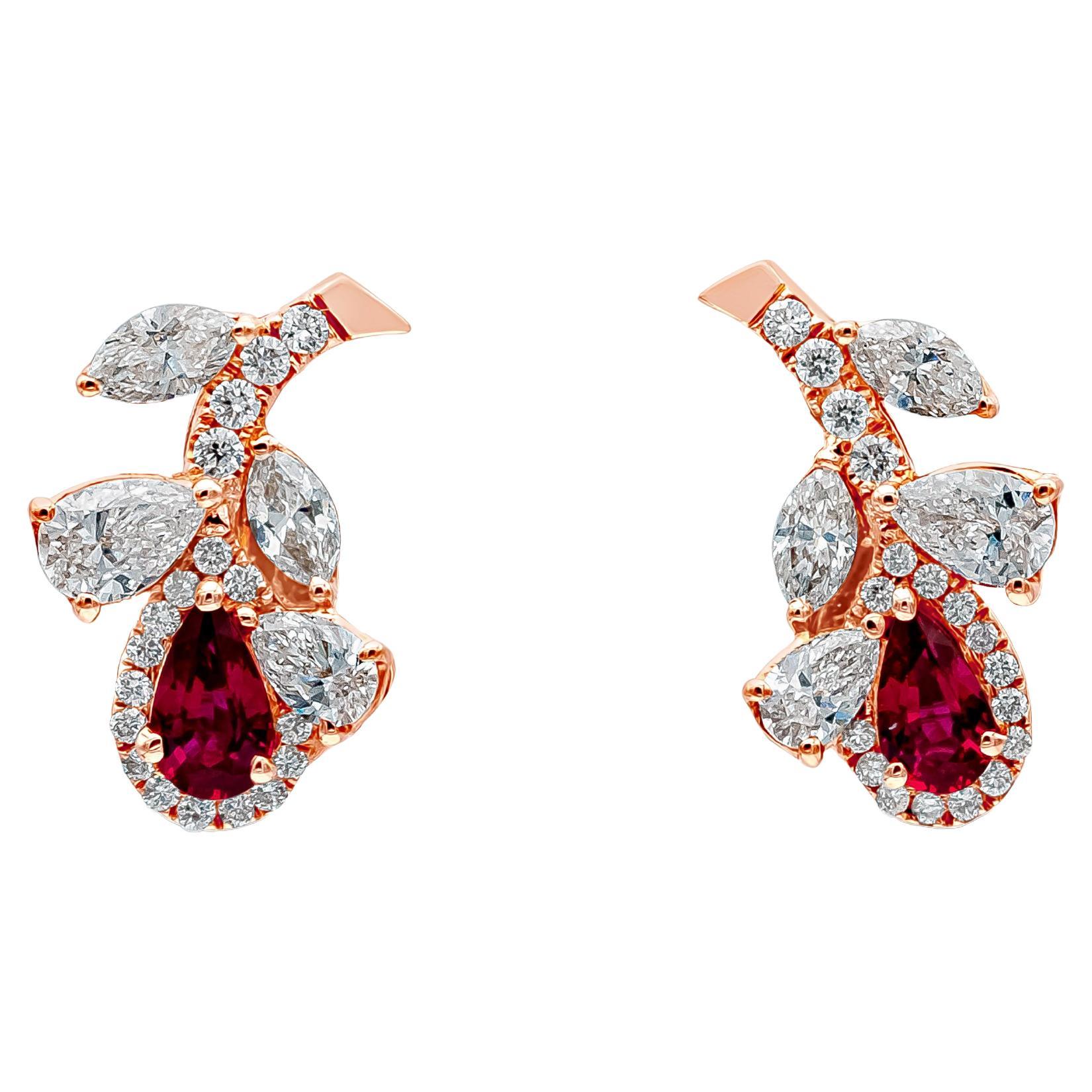 Roman Malakov 0.83 Carat Total Pear Shape Ruby & Diamond Flower Earrings