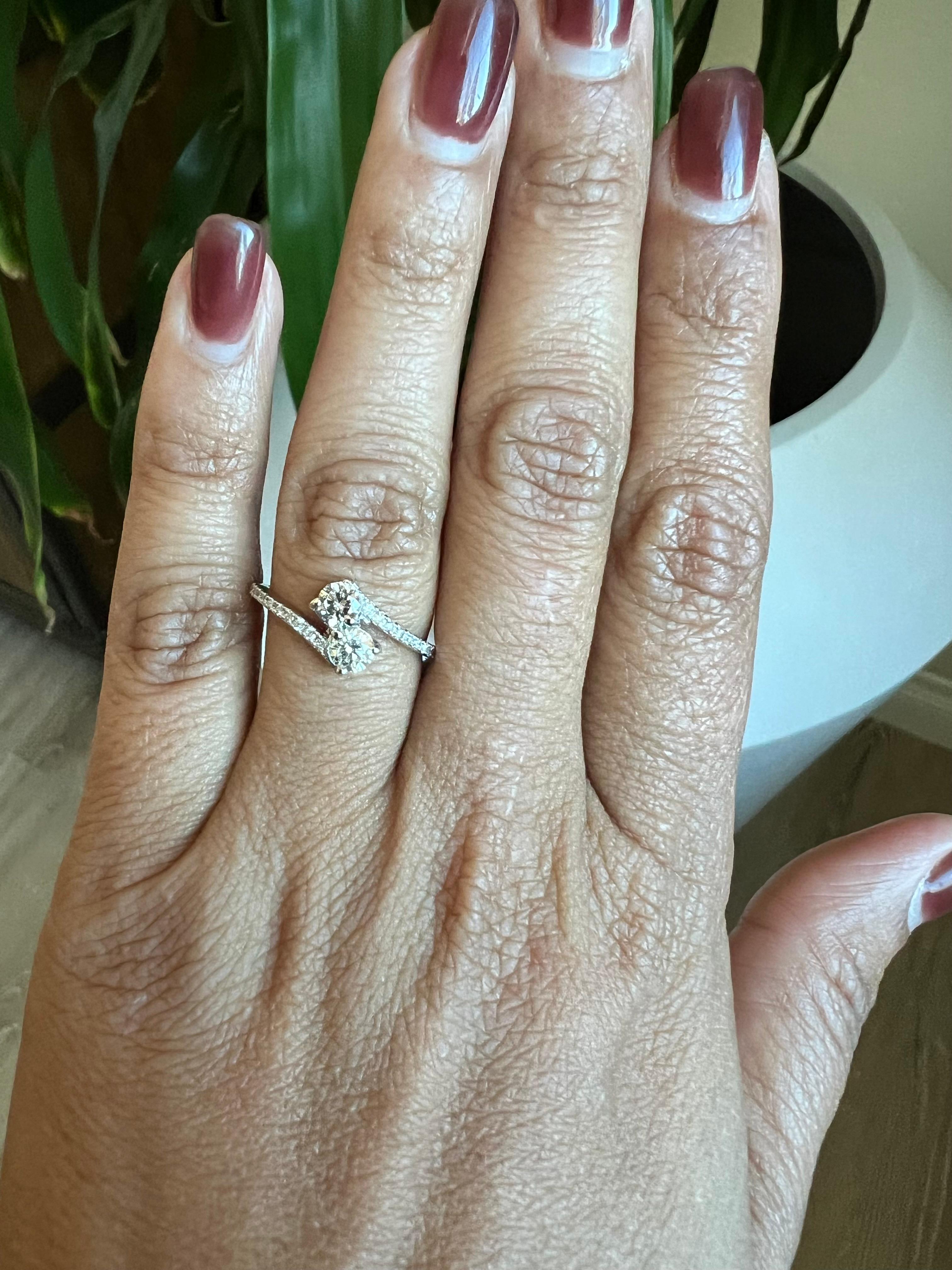 Women's 0.69 Carat Two Stone Diamond Ring 14 Karat White Gold For Sale